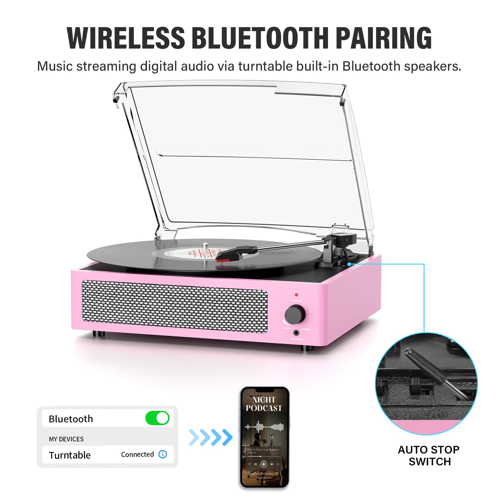 FEKTIK Record Players Vintage Turntable for Vinyl Records with Speakers Belt-Driven Turntables Support 3-Speed, Bluetooth Wireless Playback, Headphone, AUX-in, RCA Line LP Vinyl Players