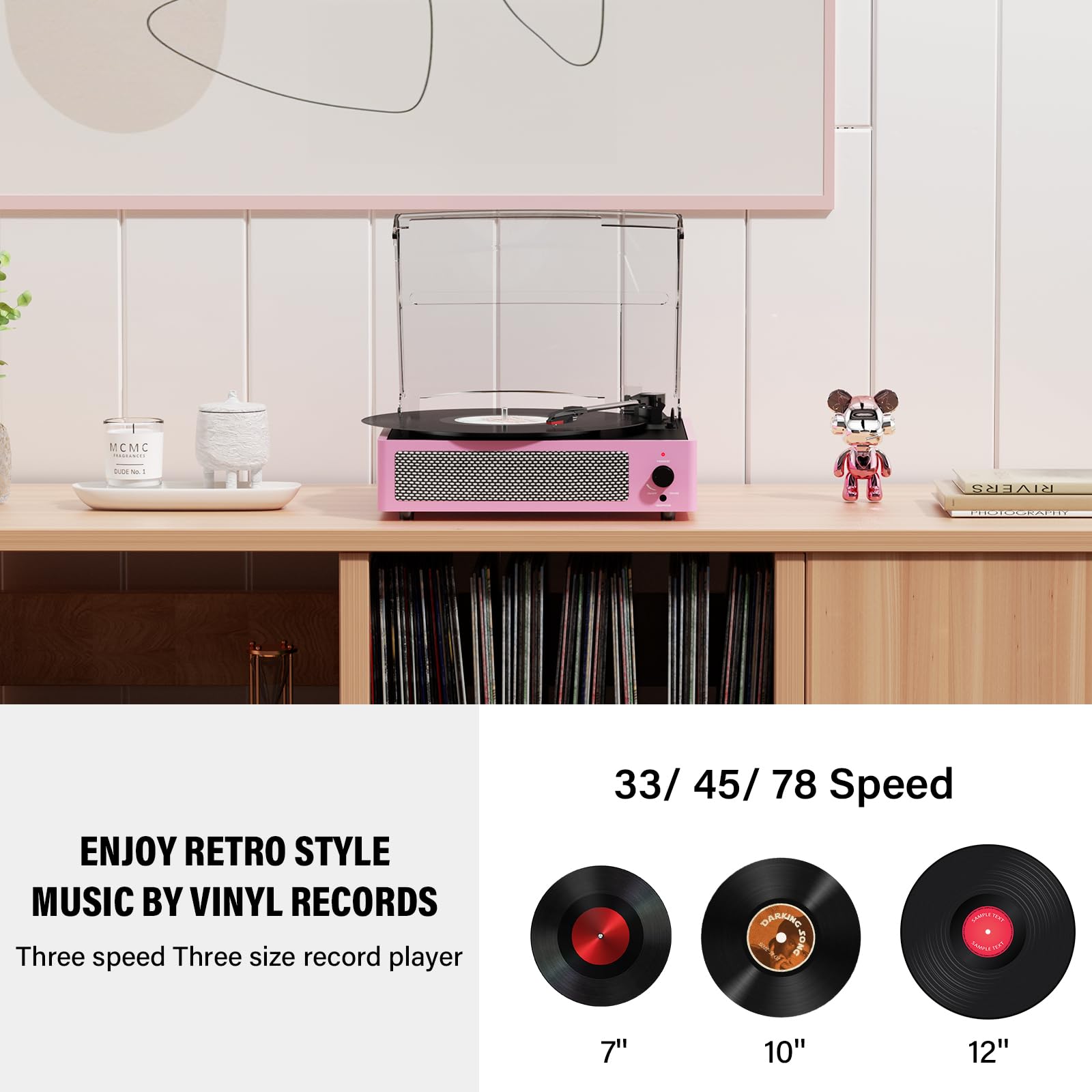 FEKTIK Record Players Vintage Turntable for Vinyl Records with Speakers Belt-Driven Turntables Support 3-Speed, Bluetooth Wireless Playback, Headphone, AUX-in, RCA Line LP Vinyl Players