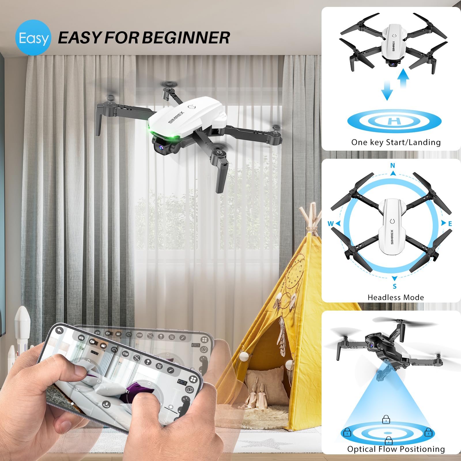 Simrex Drone With Camera for Adults-1080P FPV Quadcopter Drone with Hover Stable, Foldable Mini Drones With One Key Start, Waypoint Fly, Headless Mode, Auto-Follow, 3D Flip, 3 Speeds, 2 Batteries, Easy for Beginners