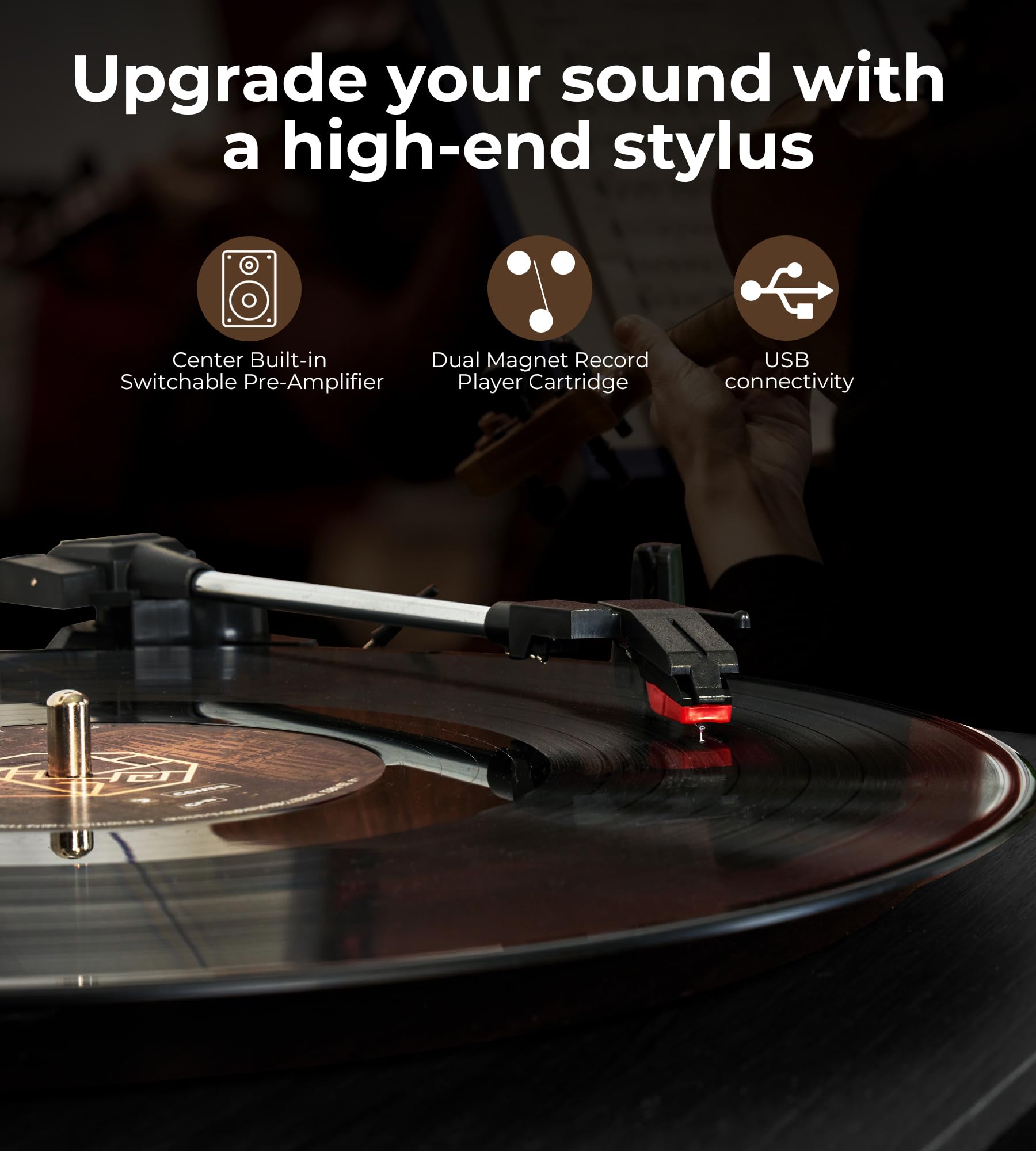 Vangoa Vinyl Record Player Turntable with 2 Stereo Speakers, 3-Speed Belt-Driven Turntables for Vinyl Records Supports AUX-in, RCA Line, USB, Wireless Playback, Black
