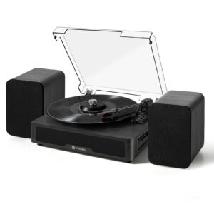 Vangoa Vinyl Record Player Turntable with 2 Stereo Speakers, 3-Speed Belt-Driven Turntables for Vinyl Records Supports AUX-in, RCA Line, USB, Wireless Playback, Black