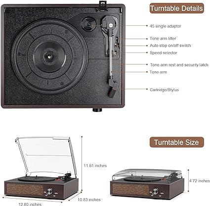 Vinyl Record Player Bluetooth Belt-DriveTurntable with Built-in Speakers, RCA Line Out AUX in Headphone Jack,3-Speed,Brown