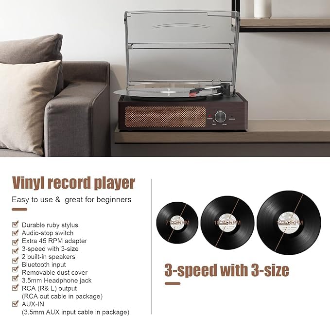 Vinyl Record Player Bluetooth Belt-DriveTurntable with Built-in Speakers, RCA Line Out AUX in Headphone Jack,3-Speed,Brown