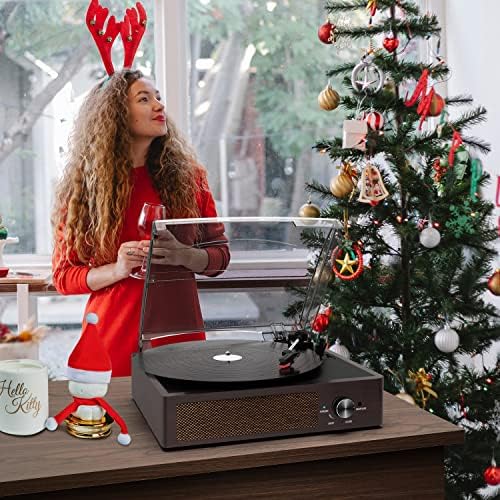 Vinyl Record Player Bluetooth Belt-DriveTurntable with Built-in Speakers, RCA Line Out AUX in Headphone Jack,3-Speed,Brown