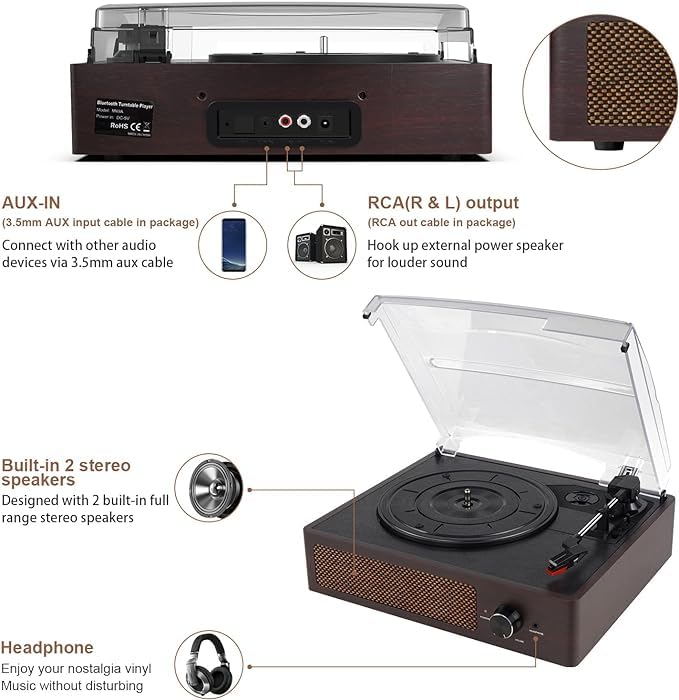 Vinyl Record Player Bluetooth Belt-DriveTurntable with Built-in Speakers, RCA Line Out AUX in Headphone Jack,3-Speed,Brown