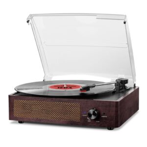 Vinyl Record Player Bluetooth Belt-DriveTurntable with Built-in Speakers, RCA Line Out AUX in Headphone Jack,3-Speed,Brown
