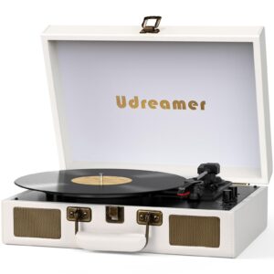 Vinyl Record Player Suitcase with Built-in Speakers, Portable Turntable with RCA, Line in,Bluetooth and Headphone Jack for Records, Vintage LP Player in PU Leather Black