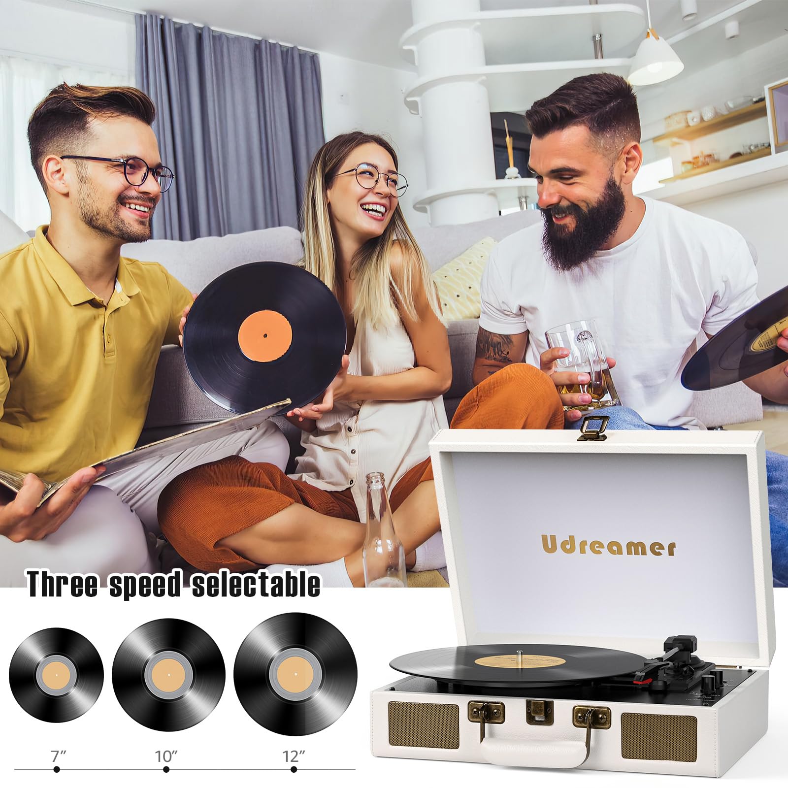 Vinyl Record Player Suitcase with Built-in Speakers, Portable Turntable with RCA, Line in,Bluetooth and Headphone Jack for Records, Vintage LP Player in PU Leather Black