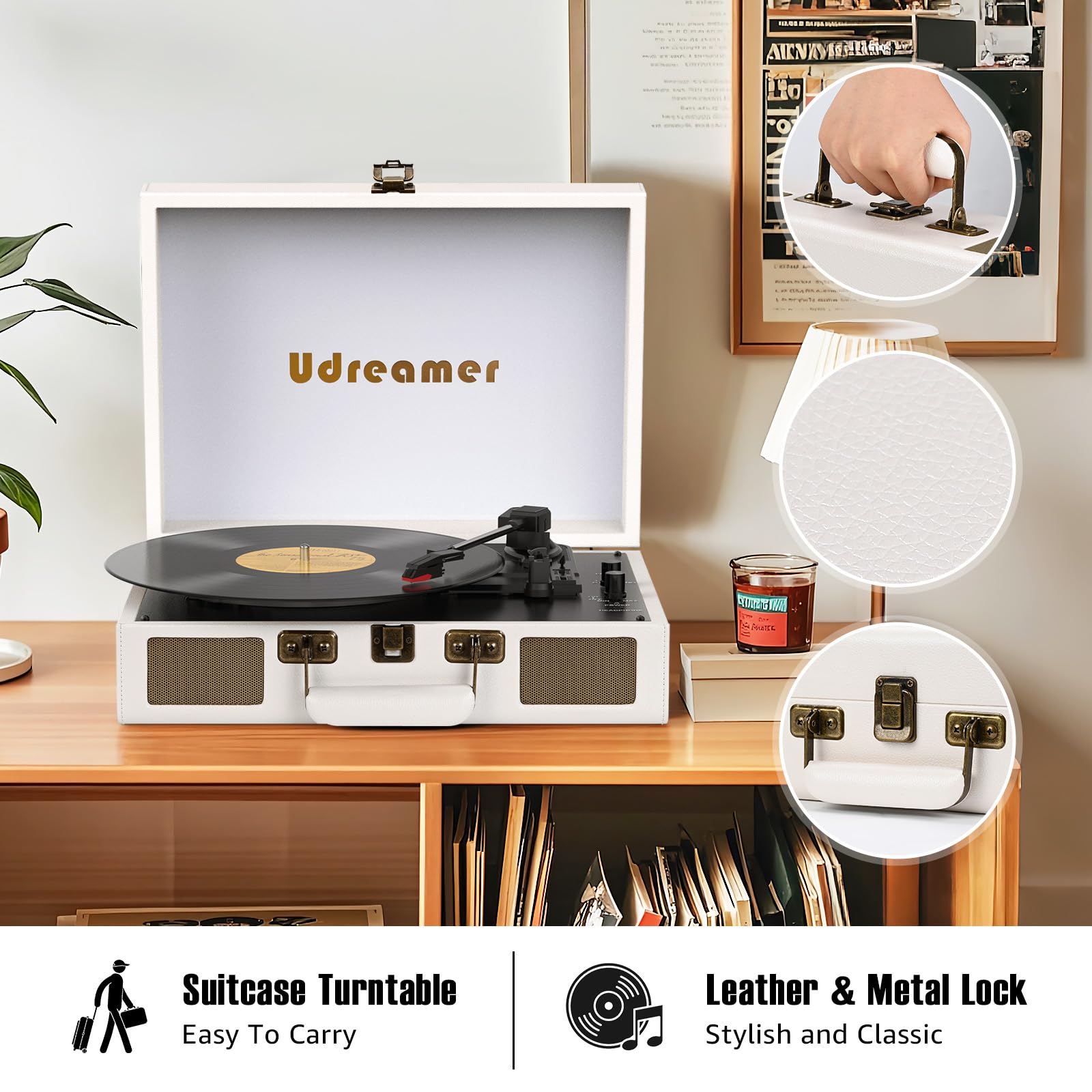 Vinyl Record Player Suitcase with Built-in Speakers, Portable Turntable with RCA, Line in,Bluetooth and Headphone Jack for Records, Vintage LP Player in PU Leather Black