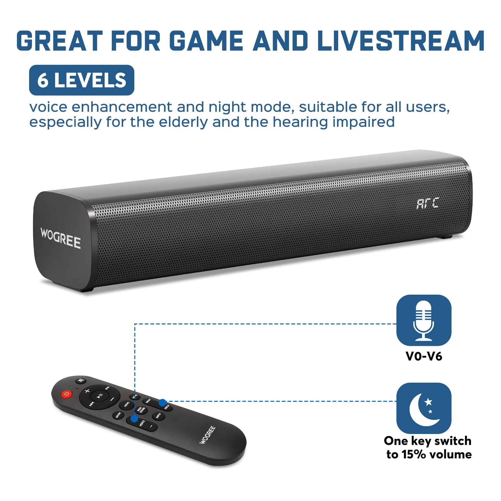 2.1ch Sound Bar for Smart TV with 6 Levels Voice Enhancement, Built-in Subwoofer, 16 Inches Bluetooth 5.3 TV Soundbar Speakers with ARC/Optical/AUX/USB Connection