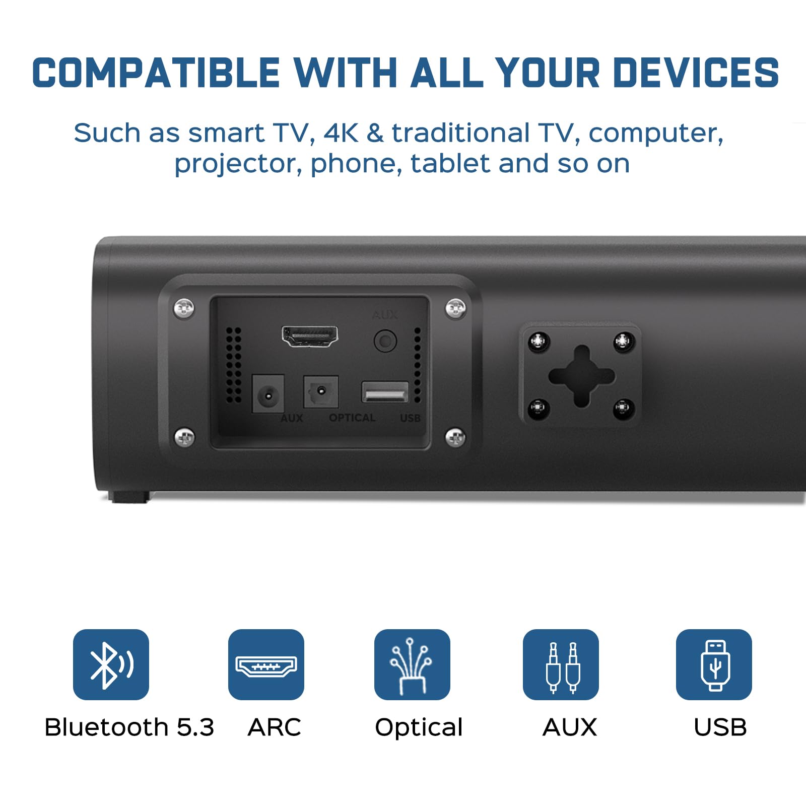 2.1ch Sound Bar for Smart TV with 6 Levels Voice Enhancement, Built-in Subwoofer, 16 Inches Bluetooth 5.3 TV Soundbar Speakers with ARC/Optical/AUX/USB Connection