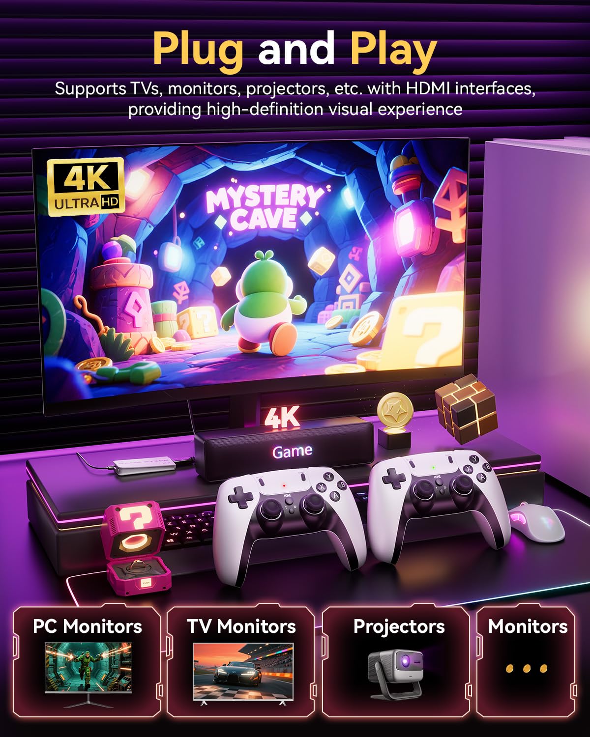 2025 Upgraded Retro Gaming Console Stick, Classic Video Games Stick with 4K HDMI, Built-in 23 Emulators, 20000+ Games - Plug & Play TV Video Gaming Stick with Upgrade Dual 2.4G Wireless Controllers