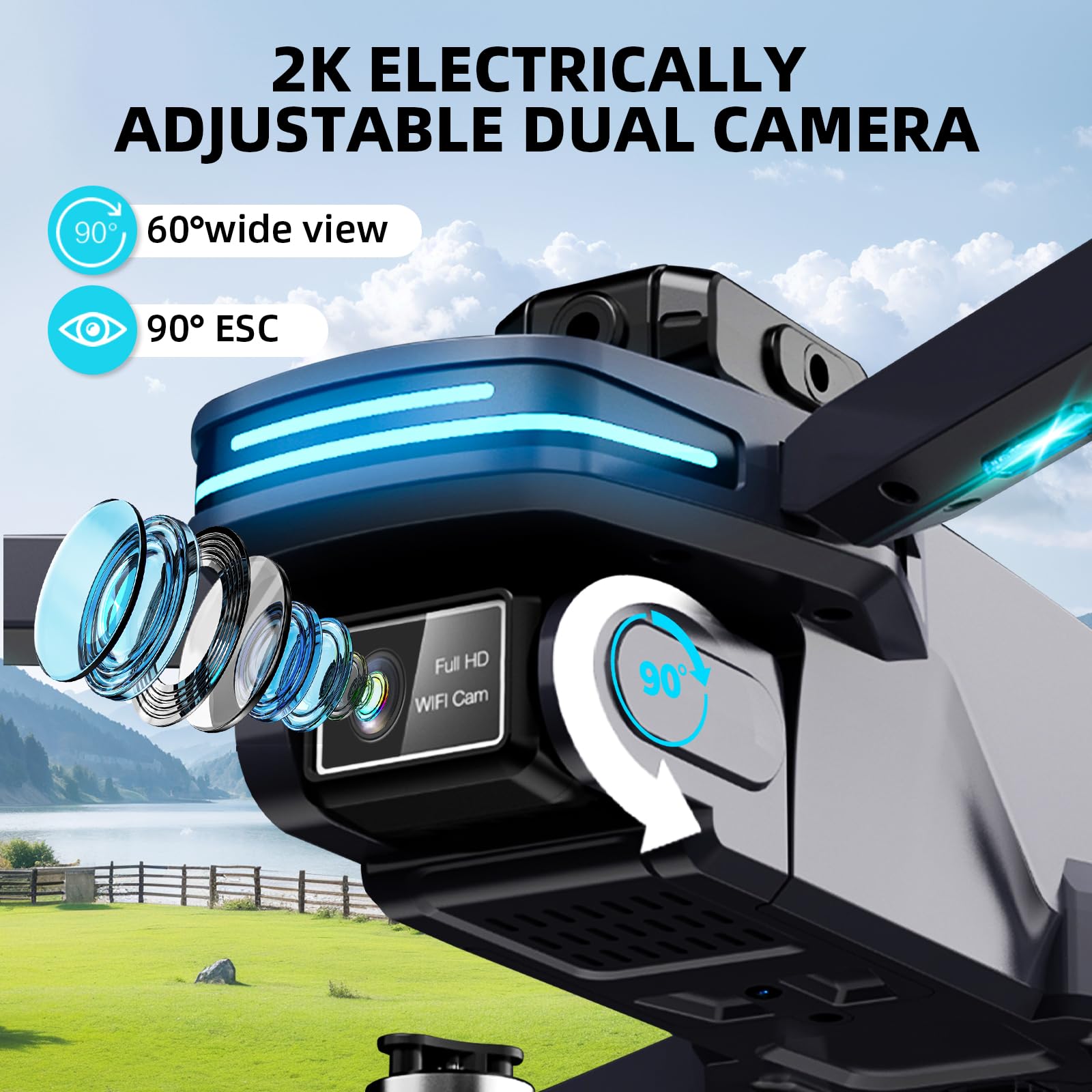 4K Camera Drone with Foldable Design, Dual Adjustable Lenses, Brushless Motors, Obstacle Avoidance, Altitude Hold, One-Touch Takeoff, Headless Mode, 2 Batteries, Storage Case Included