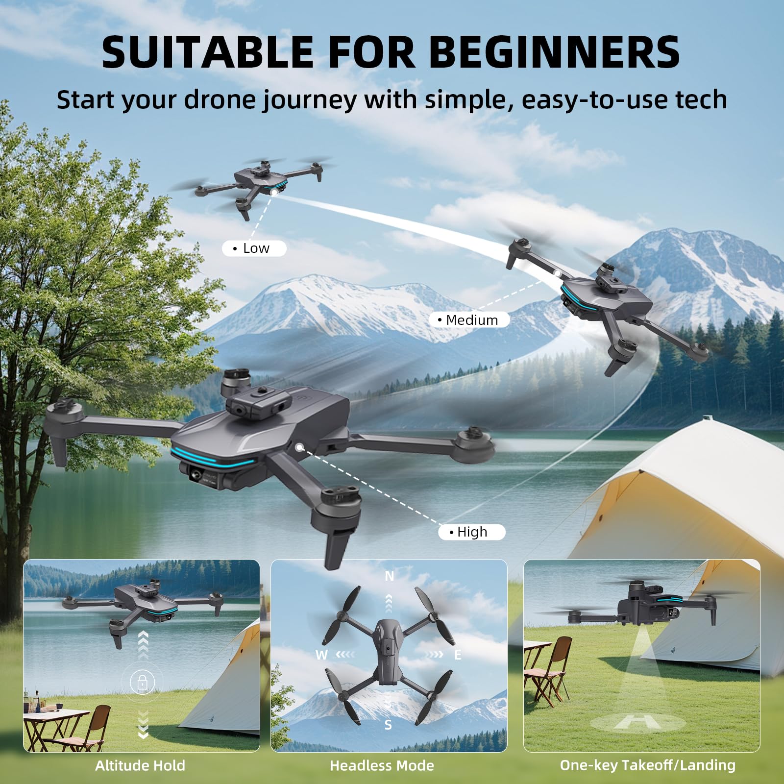 4K Camera Drone with Foldable Design, Dual Adjustable Lenses, Brushless Motors, Obstacle Avoidance, Altitude Hold, One-Touch Takeoff, Headless Mode, 2 Batteries, Storage Case Included