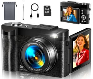 4K Digital Camera for Photography- 48MP Autofocus Vlogging Camera with 2.8″ 180° Flip Screen, 16X Digital Zoom- Compact Point and Shoot Camera with 64GB SD for YouTube, Travel, Beginners