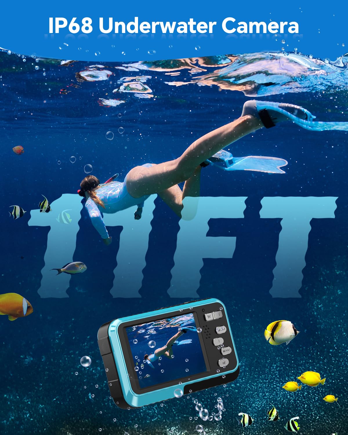 4K Underwater Camera Snorkeling 11FT Waterproof Camera 64MP Autofocus with 32GB Card Dual Screens Selfie 16X Zoom Floatable Compact Digital Camera Waterproof with 2 Batteries (Black)