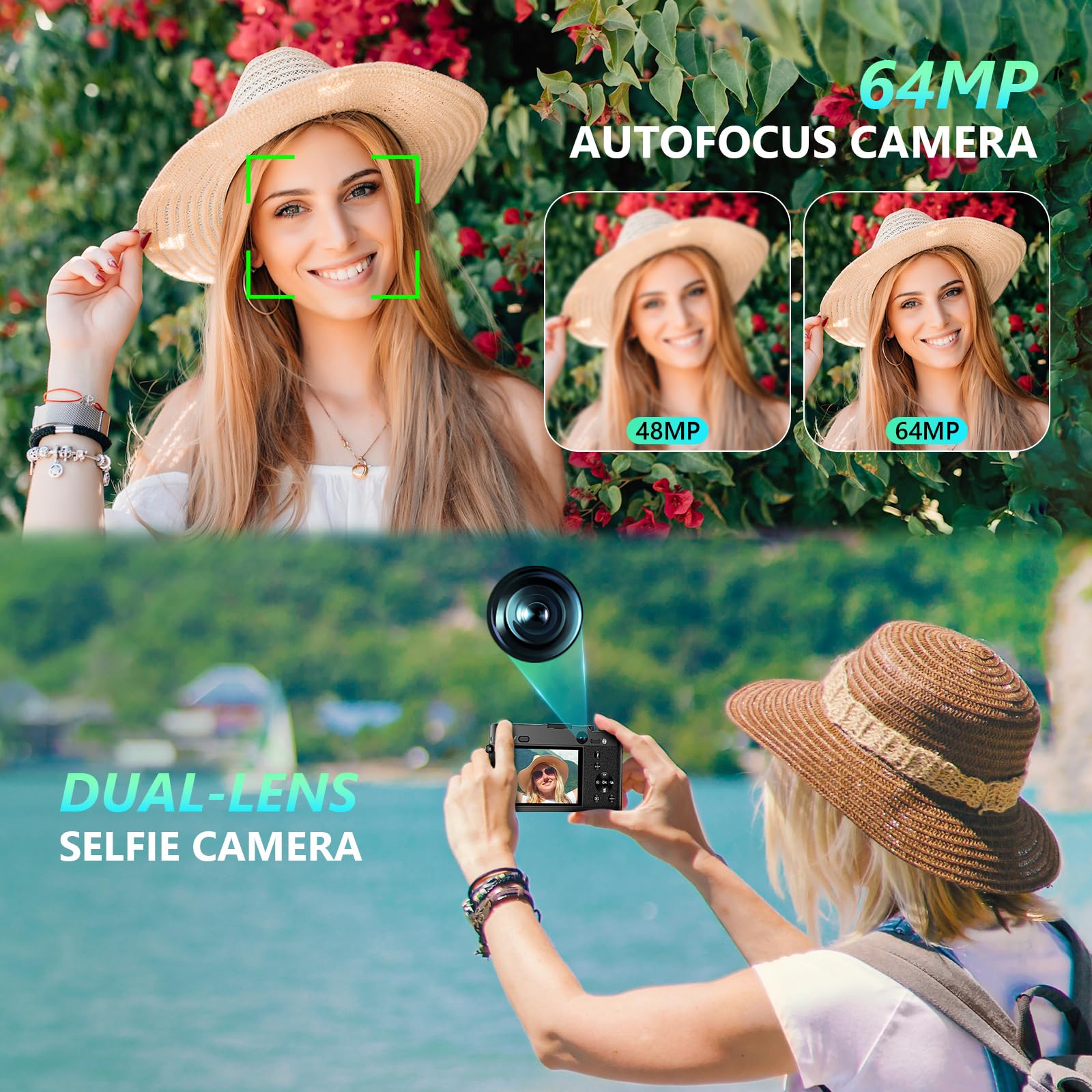 5K Digital Camera, 64MP Cameras for Photography with 6X Optical Zoom & Autofocus, WiFi Vlogging Camera for YouTube Video, Dual-Lens, 2 Batteries, 64GB Card & Flash, Best Cameras for Content Creators