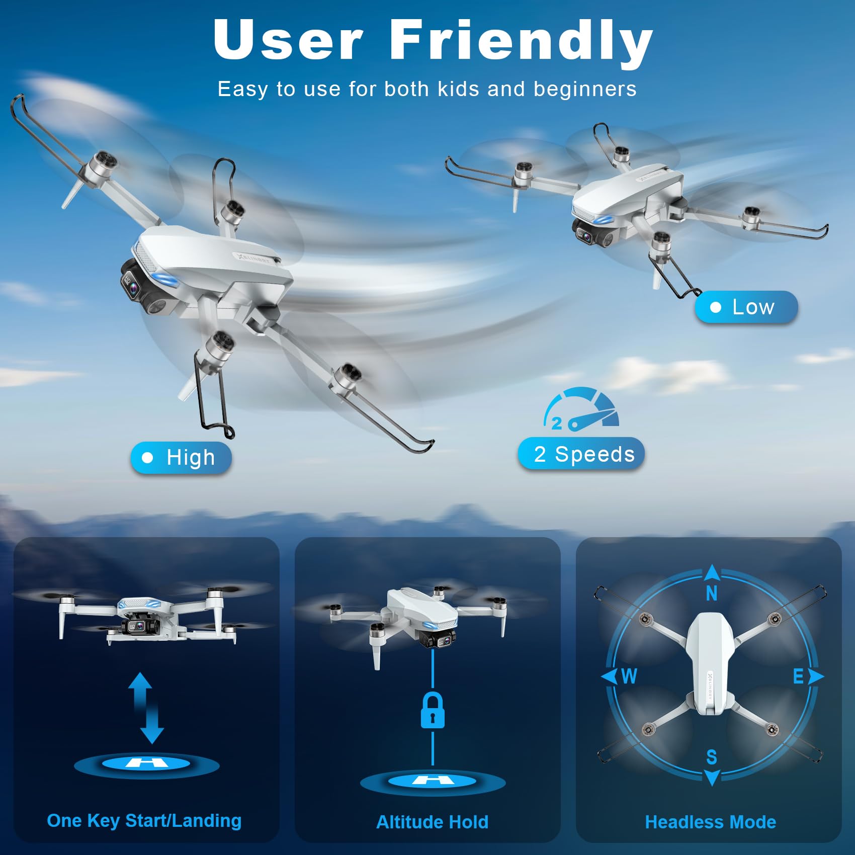Drone with Camera, 2K HD FPV Drone with Brushless Motor, Altitude Hold, Gesture Selfie, 3D Flips, Waypoint Fly, One Key Take Off/Landing, Foldable Mini Drones for Adults and Beginners