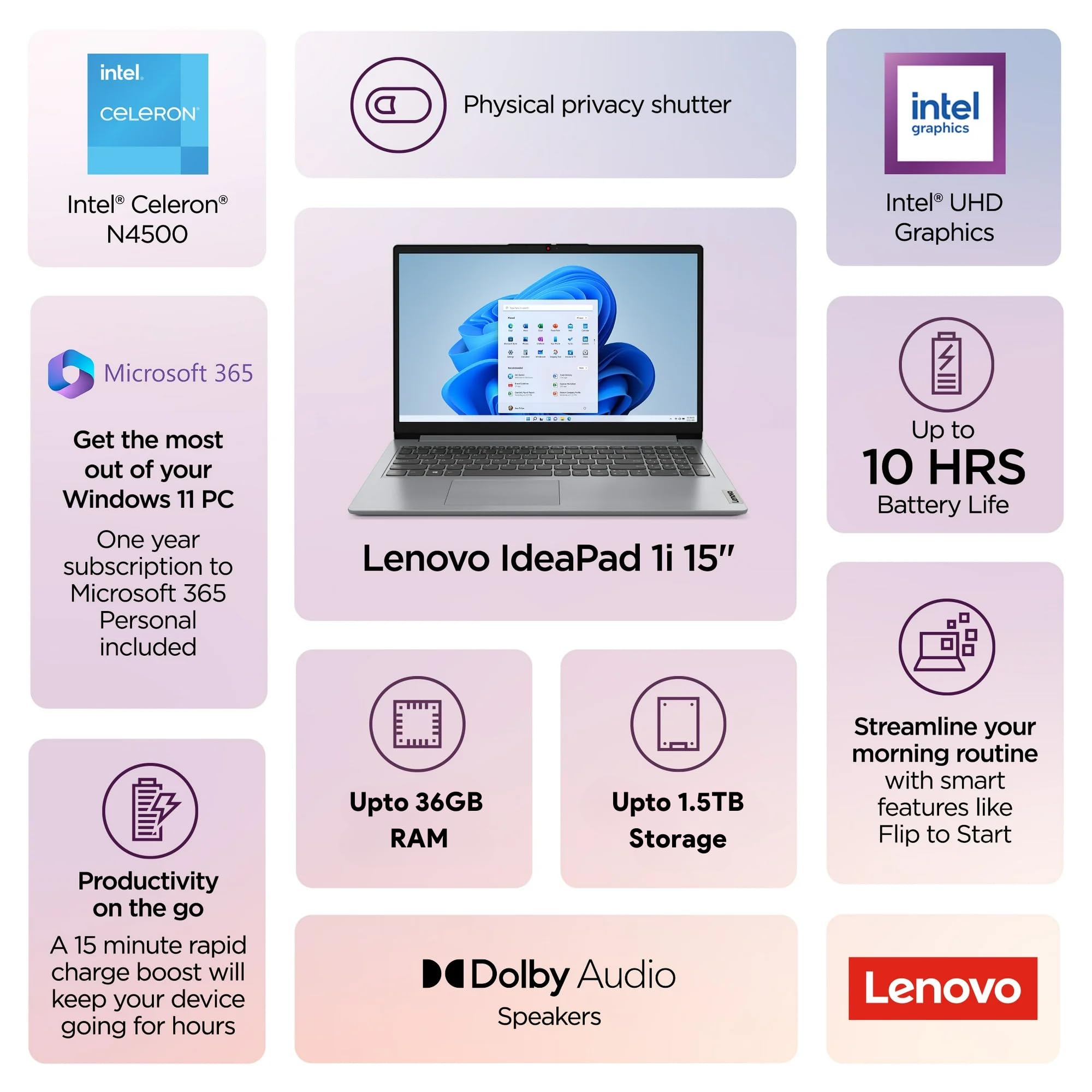 Lenovo IdeaPad 1i Laptop with Microsoft 365 Home and Business • 20GB RAM • 1TB Cloud Storage and 256GB SSD • Intel Core • 14 Anti-Glare Screen • WiFi-6 • 11HR Battery • Windows 11 • w/o Earbuds