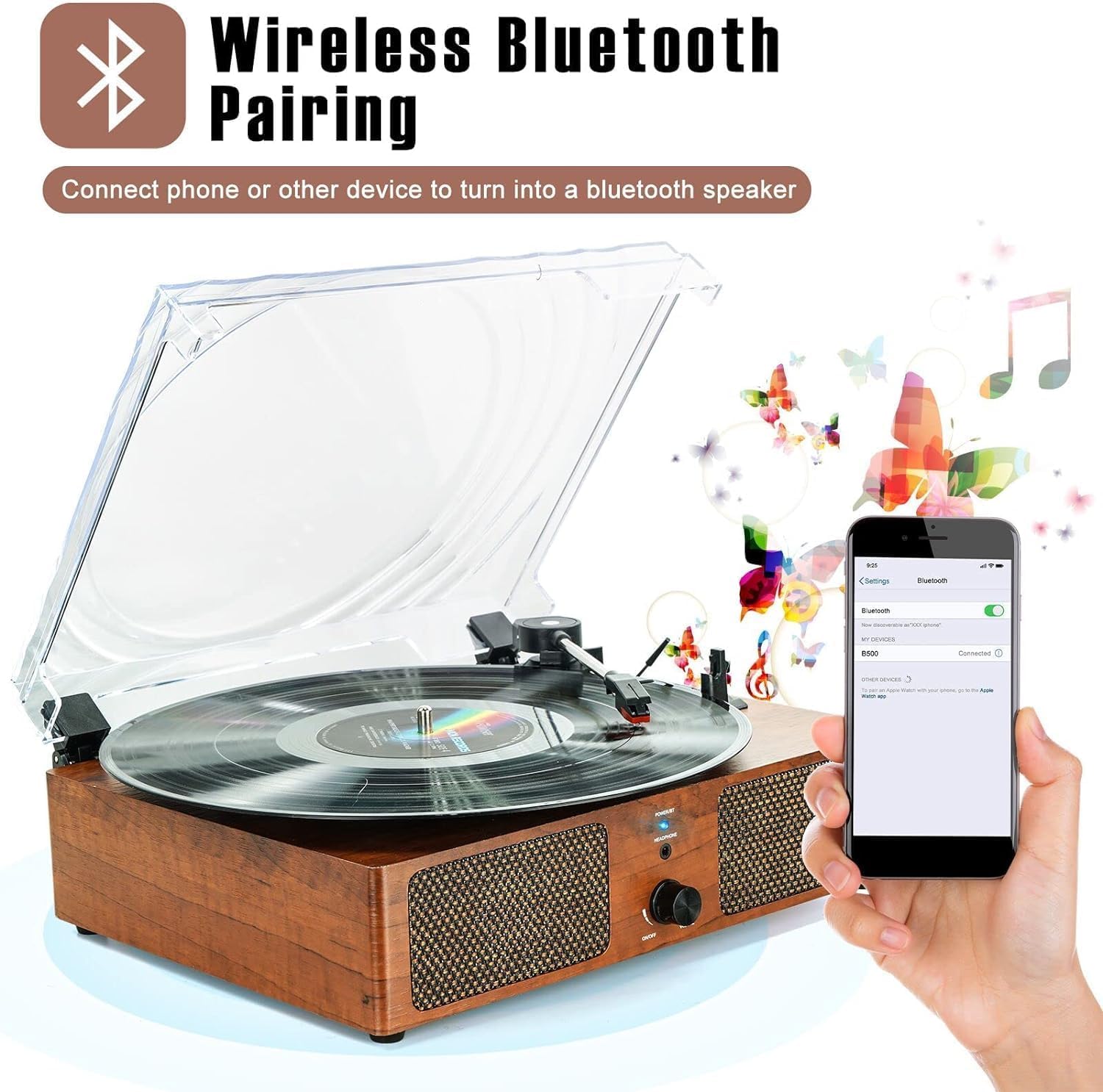 Vinyl Record Player Bluetooth Vintage 3-Speed Portable Turntables with Built-in Speakers, Belt-Driven LP Player Support USB Recording AUX-in RCA Line Out