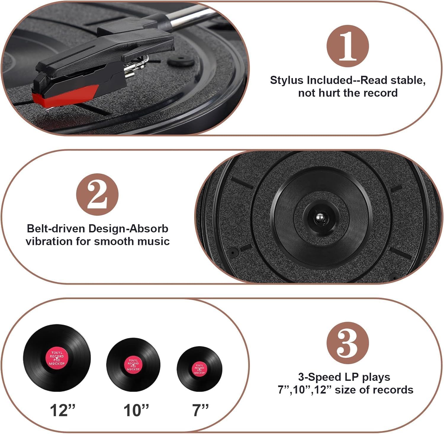 Vinyl Record Player Bluetooth Vintage 3-Speed Portable Turntables with Built-in Speakers, Belt-Driven LP Player Support USB Recording AUX-in RCA Line Out