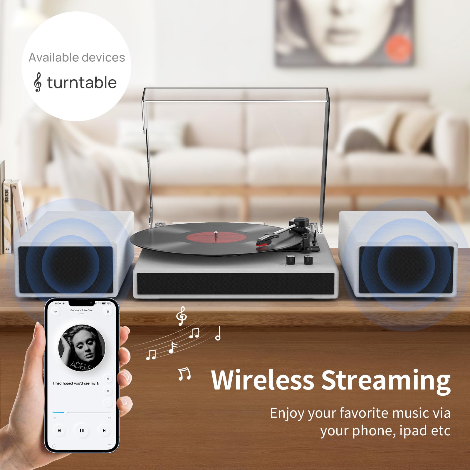Vinyl Record Player with Dual Stereo Bookshelf Speakers Vintage Turntable with Bluetooth Wireless Playback Belt Drive 3-Speed Playback Record Player Support RCA Out Auto Stop