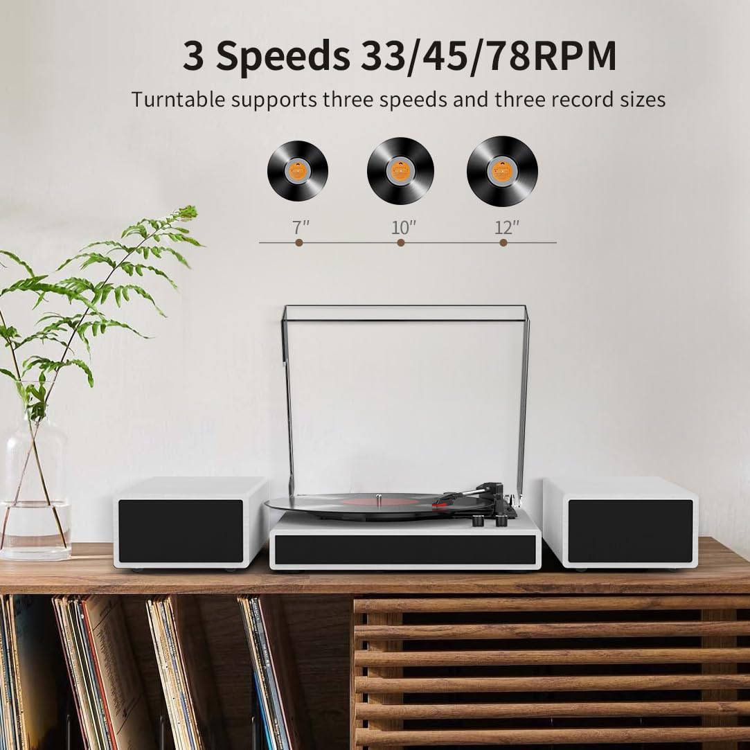 Vinyl Record Player with Dual Stereo Bookshelf Speakers Vintage Turntable with Bluetooth Wireless Playback Belt Drive 3-Speed Playback Record Player Support RCA Out Auto Stop