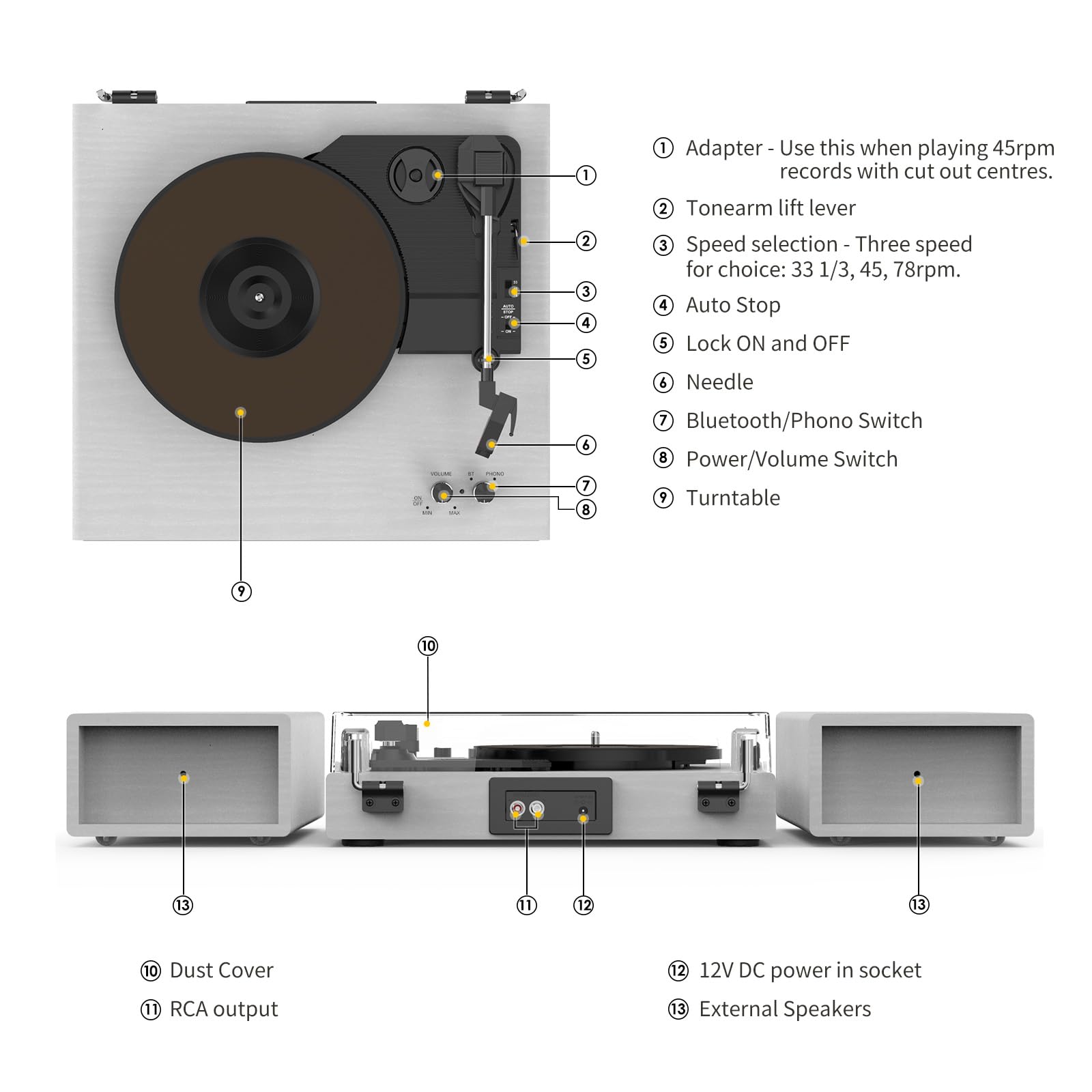 Vinyl Record Player with Dual Stereo Bookshelf Speakers Vintage Turntable with Bluetooth Wireless Playback Belt Drive 3-Speed Playback Record Player Support RCA Out Auto Stop
