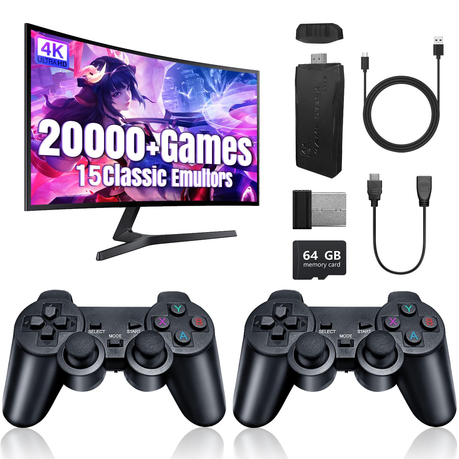 Wireless Retro Gaming Console, 20000+ Retro Game Stick Pro with 15 Emulator, 4K HDMI Output, Plug & Play Classic Video Gaming Stick with Dual 2.4G Wireless Game Controllers for TV, Gifts (64GB)