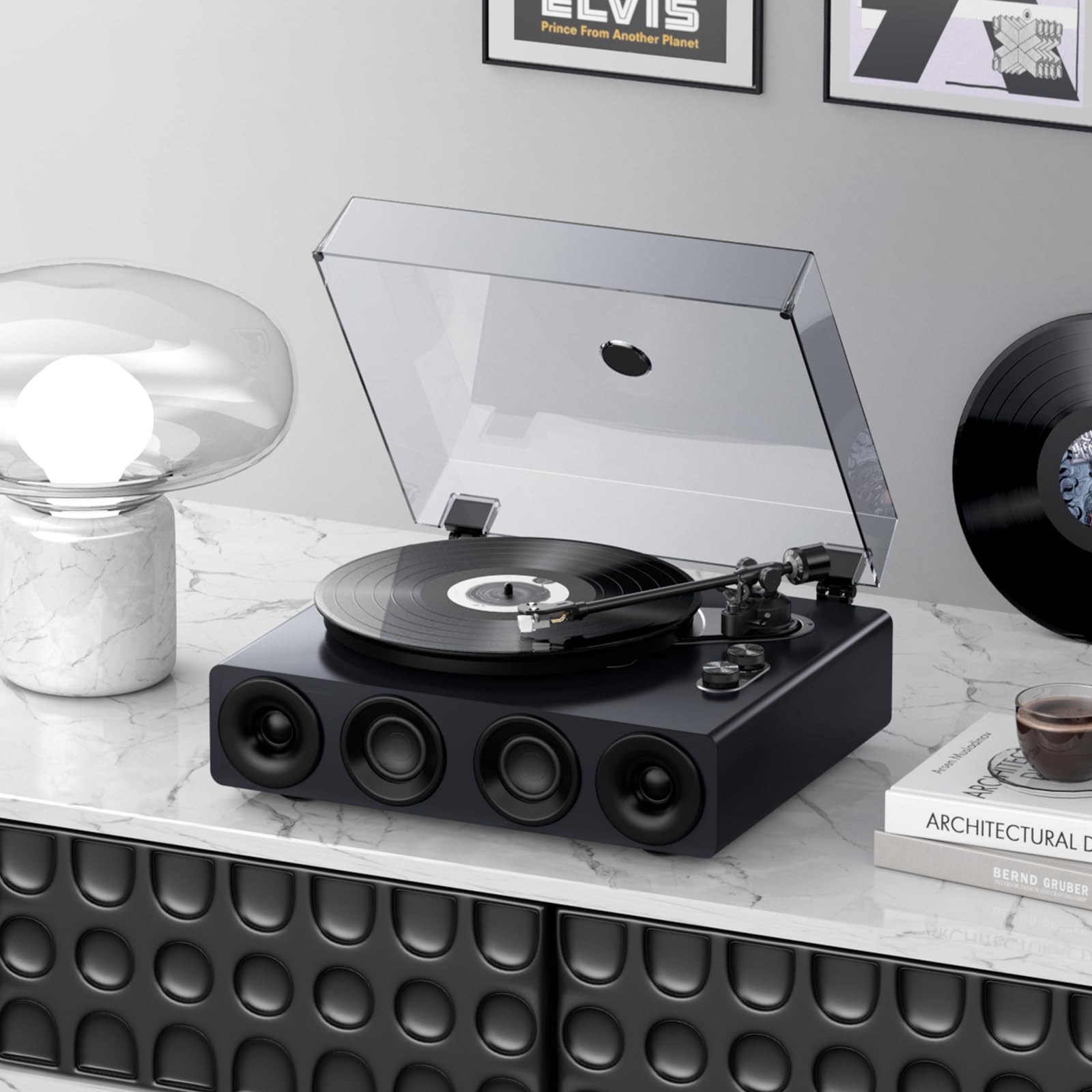 1 by ONE Bluetooth Turntable HiFi System with 36 Watt Bookshelf Speakers, Patend Designed Vinyl Record Player with Magnetic Cartridge, Bluetooth Playback and Auto Off