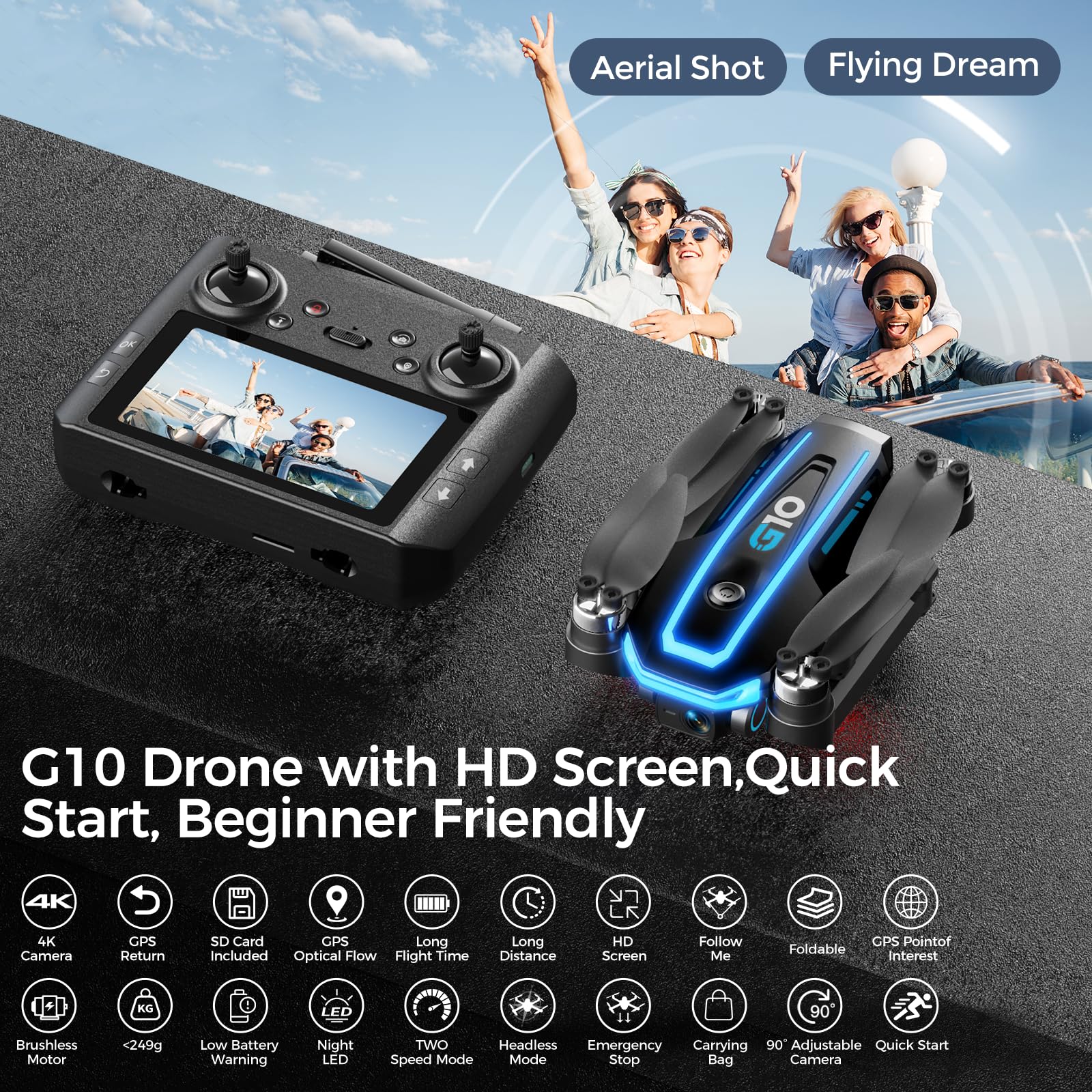GPS Drones with 4K Camera for Adults with HD Screen on Controller and Follow Me Mode,Long Flight Time and Distance,Transmission and GPS Auto Return,G10 RC Quadcopter Easy fly for Beginner and Kids,Under 249g