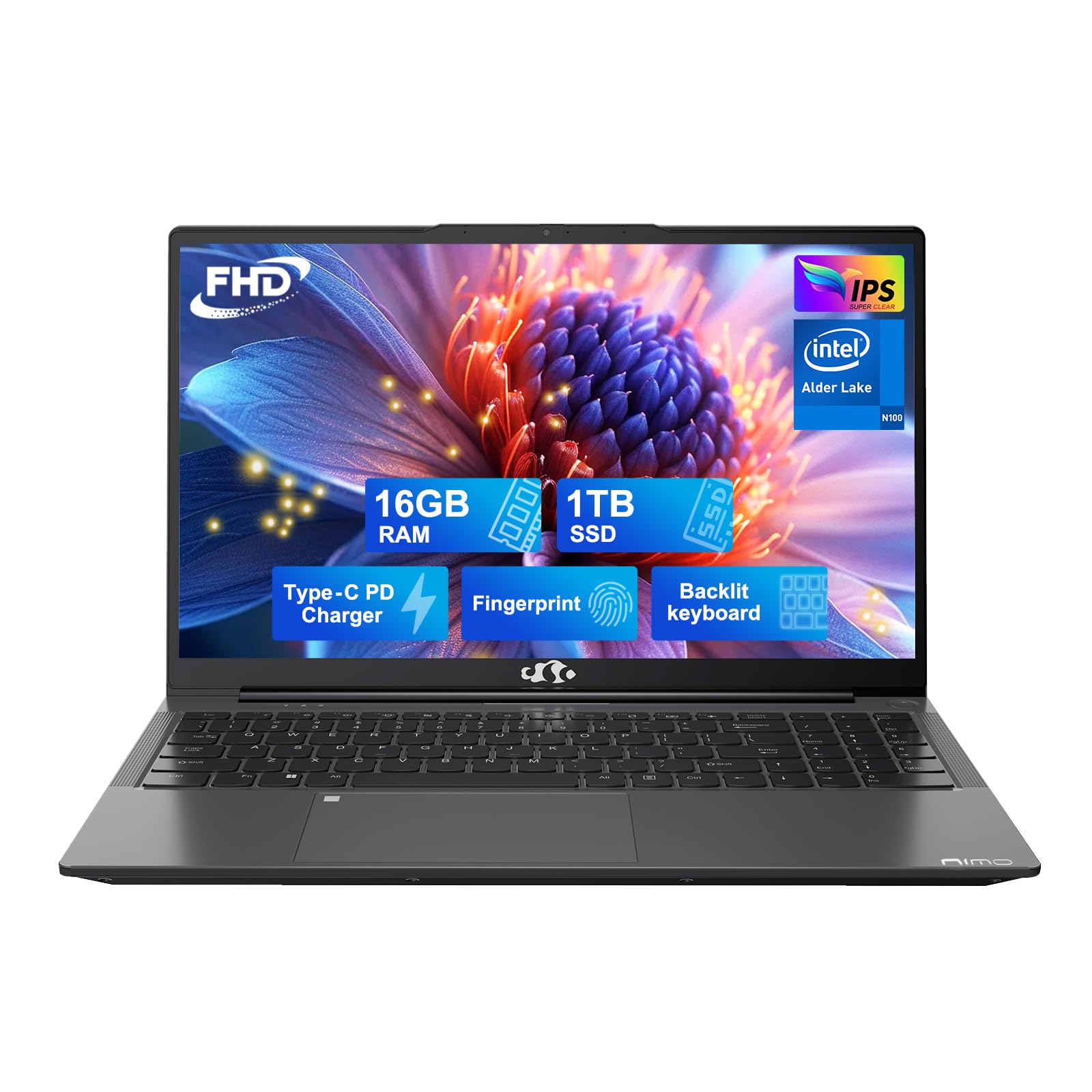 NIMO 15.6 IPS-FHD-Laptop, 16GB RAM 1TB SSD Intel Pentium Quad Core N100, Backlit Keyboard Fingerprint (Beat to i3-1115G4 Up to 3.4GHz) Computer for Student-Home WiFi 6 BT5.2 Win 11