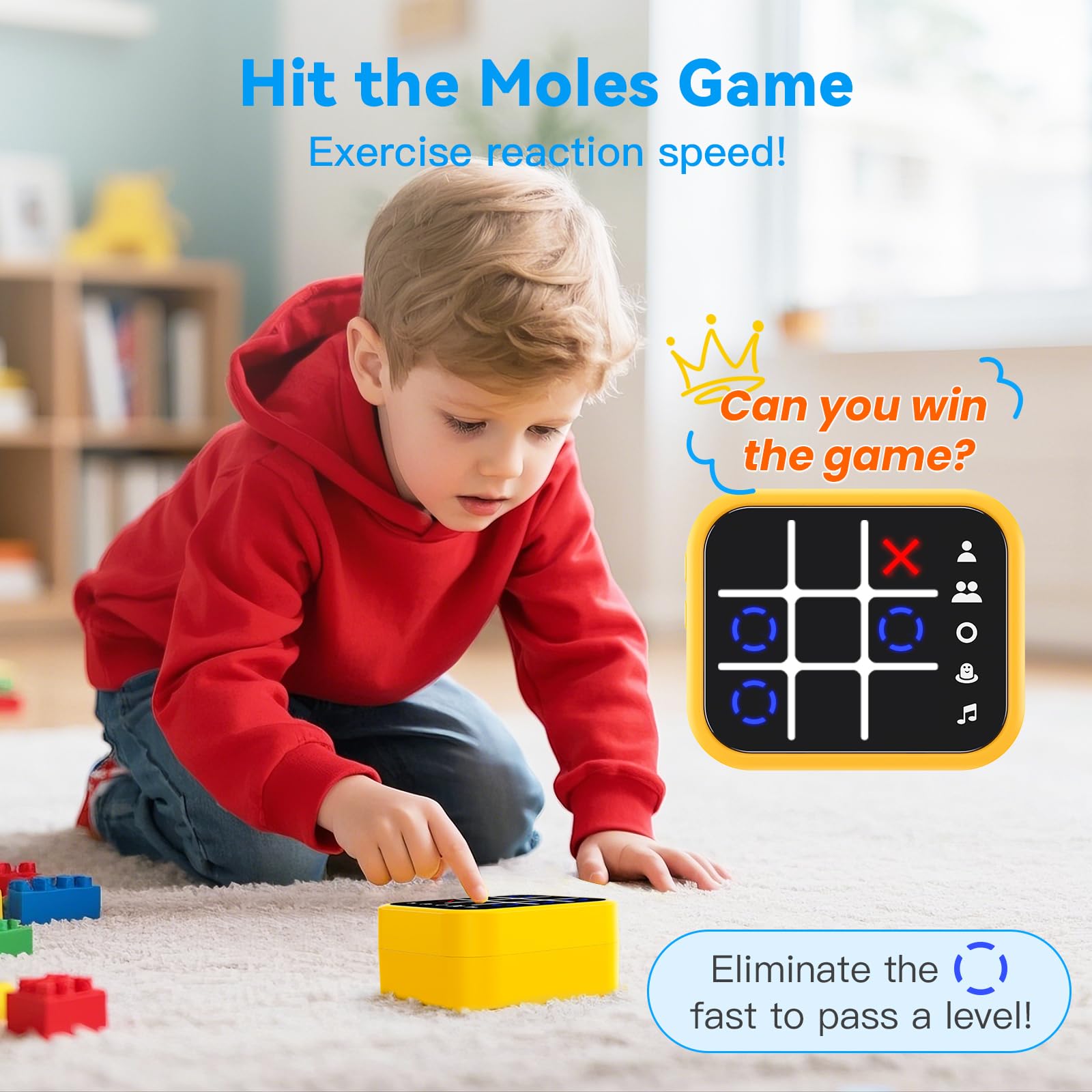 Niufuntek Rechargeable Tic Tac Toe Game Box with 5 Fun Brain Memory Games, Electronic Touchscreen Handheld Game, Portable Digital Puzzle Board Travel Toy, Gifts Choice for Kids and Adults(Yellow)