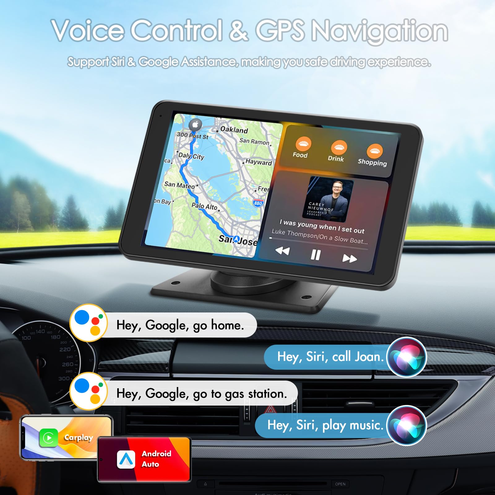 Portable Wireless Carplay Car Stereo, 7