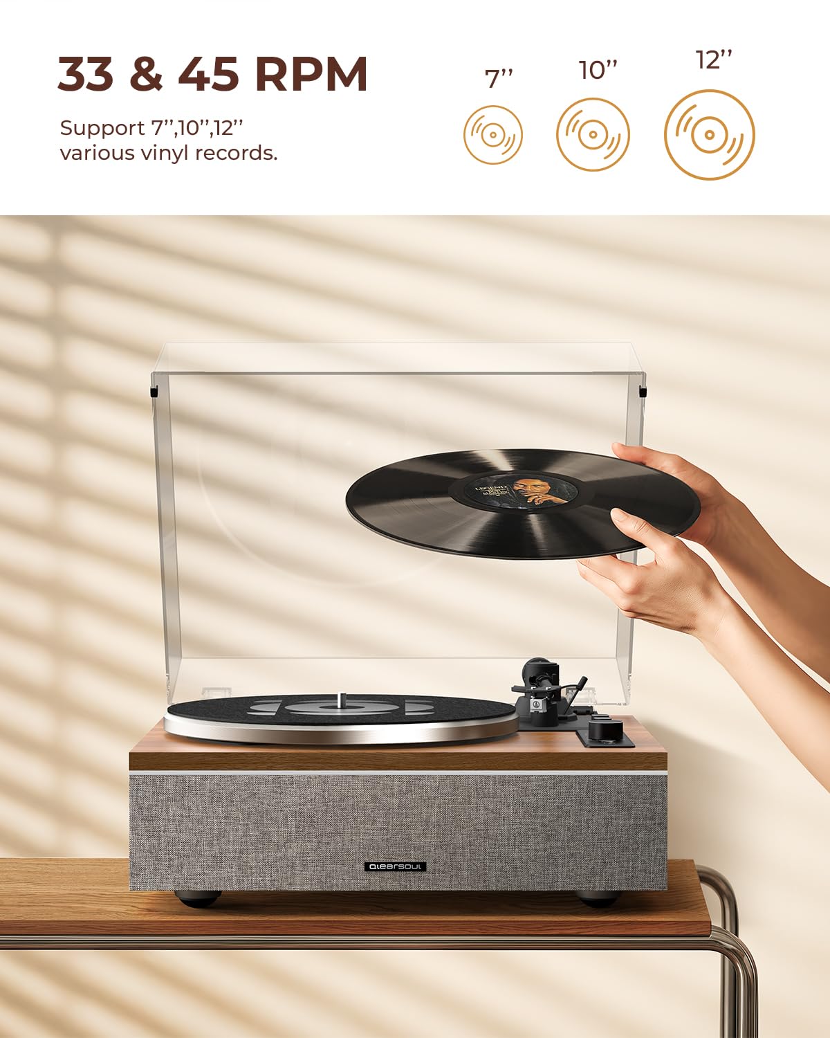 QLEARSOUL ONE-S Vinyl Record Player with Bluetooth Input/Output, Mulipurpose Vintage Turntable Built in Speakers, Phono Preamp & DSP, AT-3600L Cartridge, 33/45 RPM (Walnut)