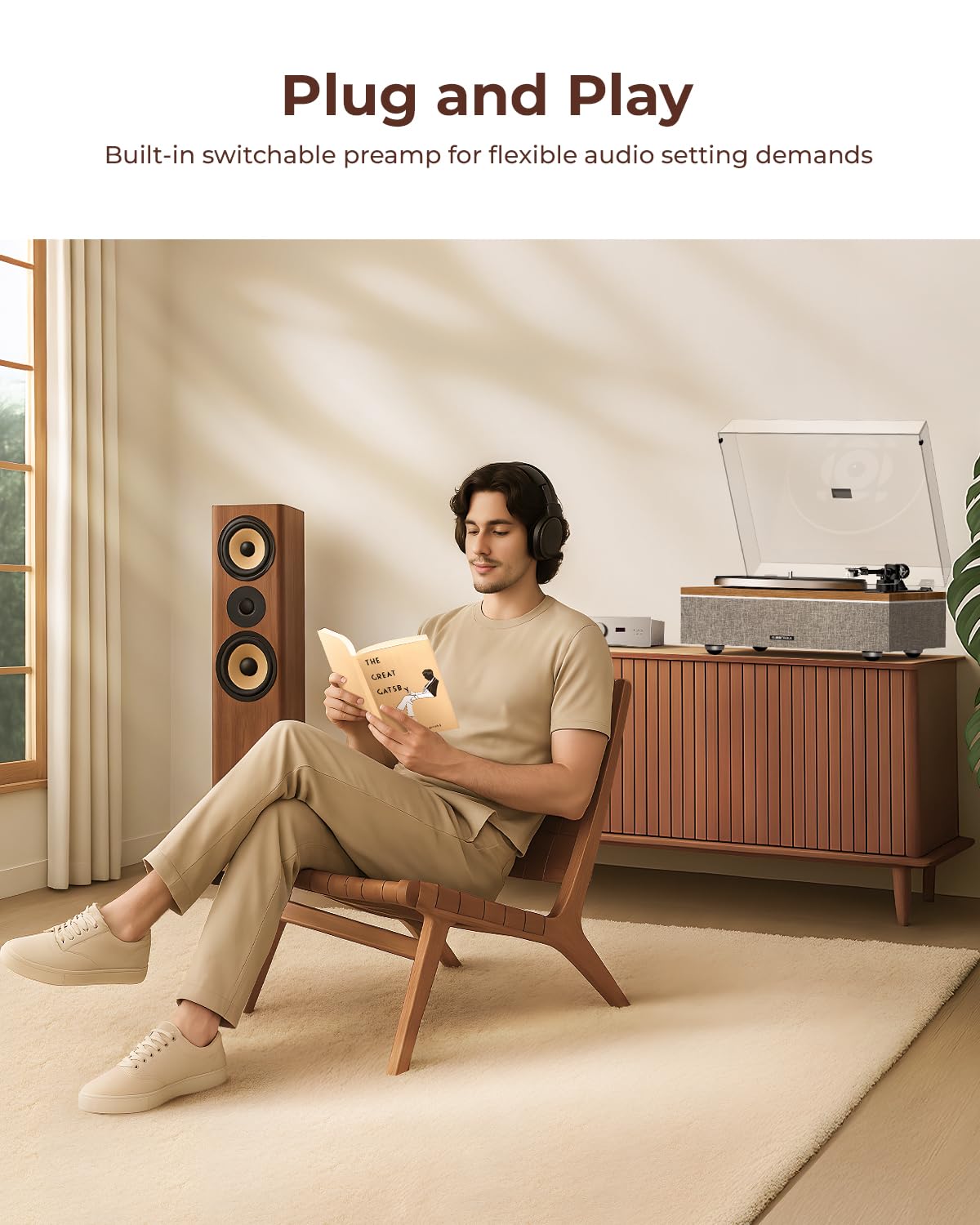 QLEARSOUL ONE-S Vinyl Record Player with Bluetooth Input/Output, Mulipurpose Vintage Turntable Built in Speakers, Phono Preamp & DSP, AT-3600L Cartridge, 33/45 RPM (Walnut)