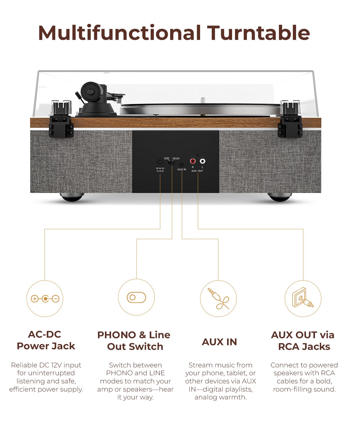 QLEARSOUL ONE-S Vinyl Record Player with Bluetooth Input/Output, Mulipurpose Vintage Turntable Built in Speakers, Phono Preamp & DSP, AT-3600L Cartridge, 33/45 RPM (Walnut)