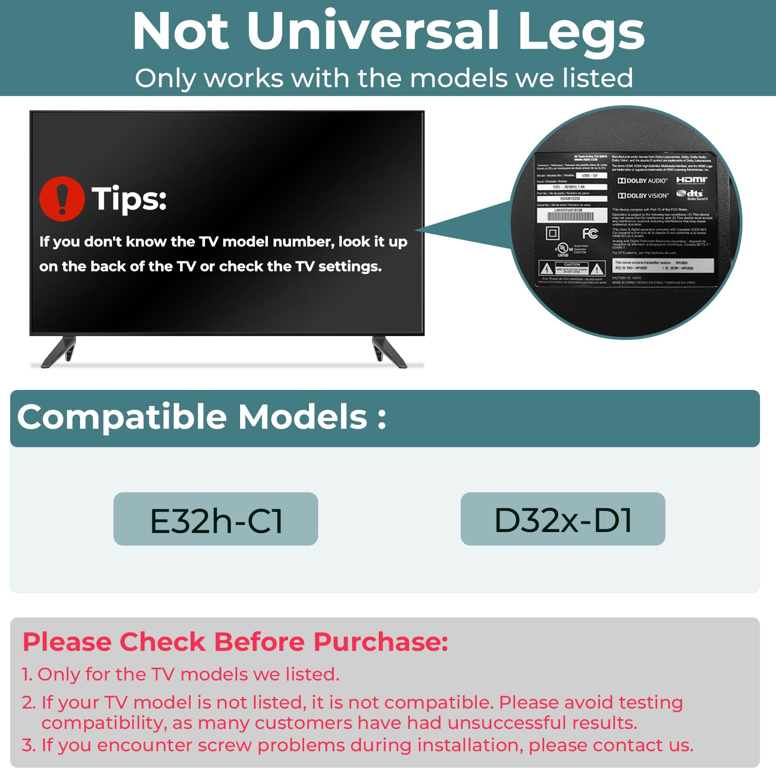 TV Stand Legs Exclusive for Vizio E32h-C1 D32x-D1 TV Model, Not Compatible with Other Devices, for Vizio TV Replacement Stand with Screws & Instructions, Easy to Install