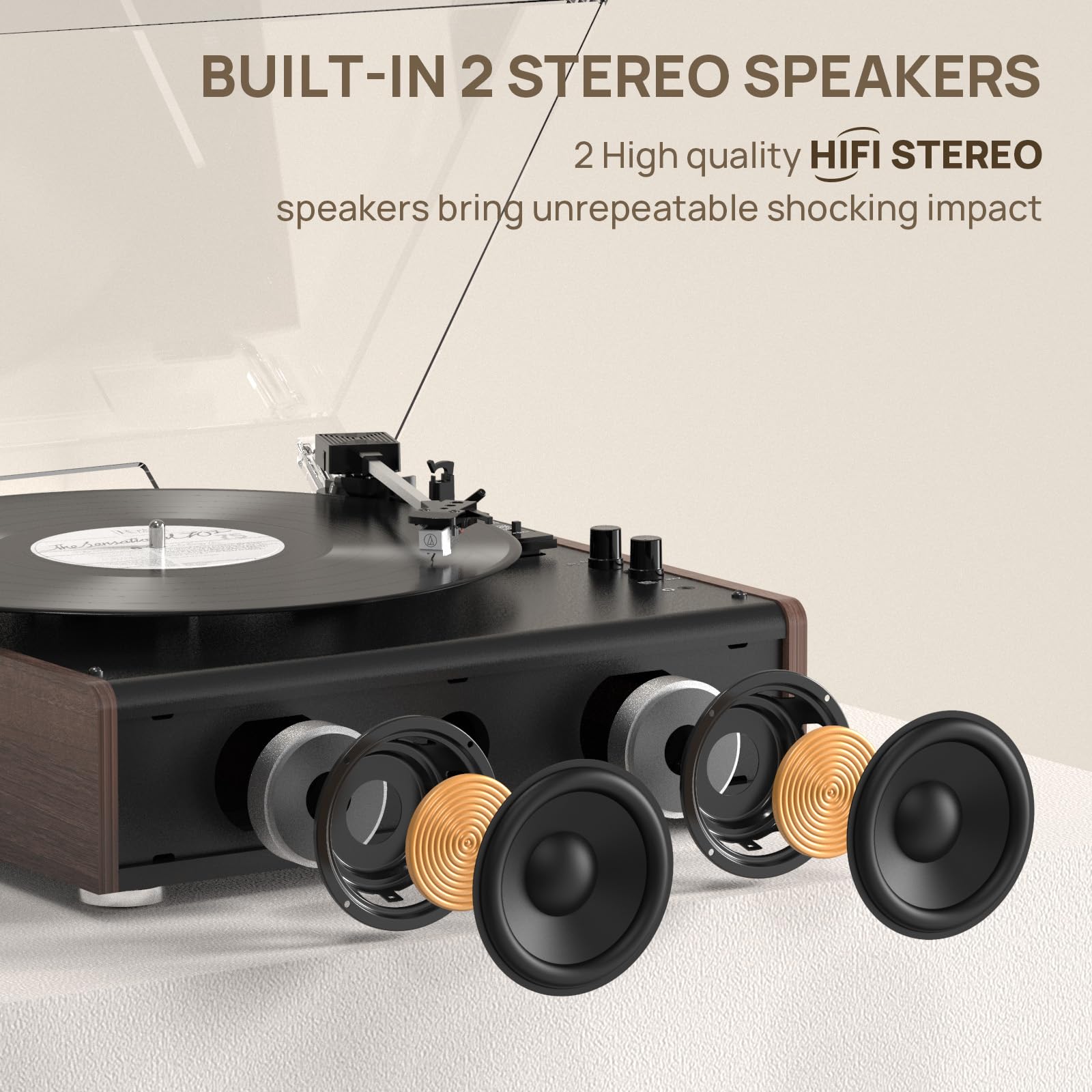 Vinyl Record Player Bluetooth Wireless Turntable with Built-in Speakers and 3 Speed Belt-Driven Vintage Phonograph Record Player with Magnetic Cartridge, RCA Out, Aux in, Headphone Jack (Brown)
