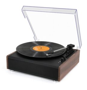 Vinyl Record Player Bluetooth Wireless Turntable with Built-in Speakers and 3 Speed Belt-Driven Vintage Phonograph Record Player with Magnetic Cartridge, RCA Out, Aux in, Headphone Jack (Brown)