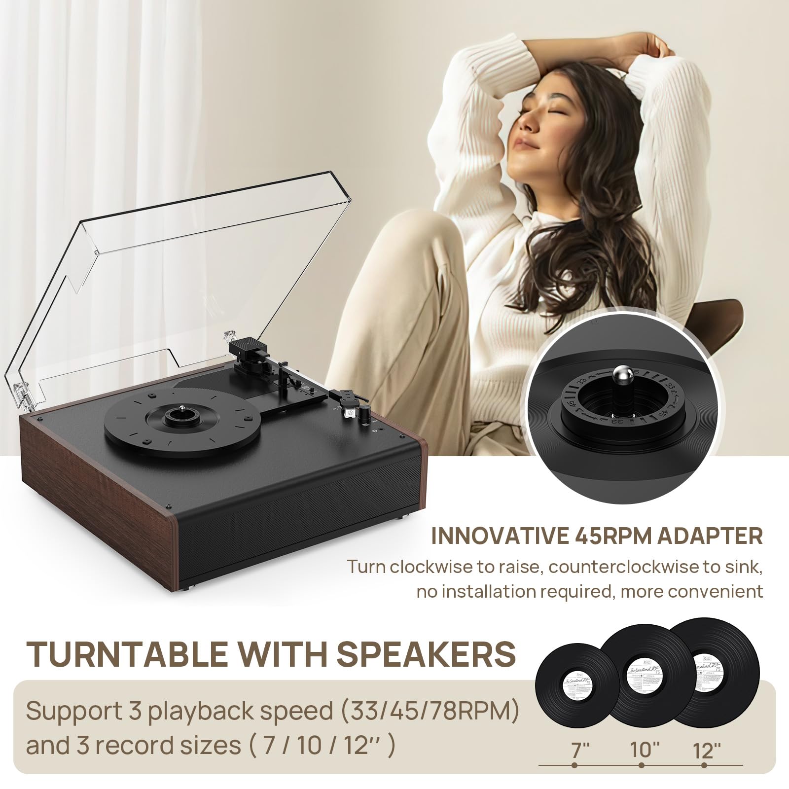 Vinyl Record Player Bluetooth Wireless Turntable with Built-in Speakers and 3 Speed Belt-Driven Vintage Phonograph Record Player with Magnetic Cartridge, RCA Out, Aux in, Headphone Jack (Brown)