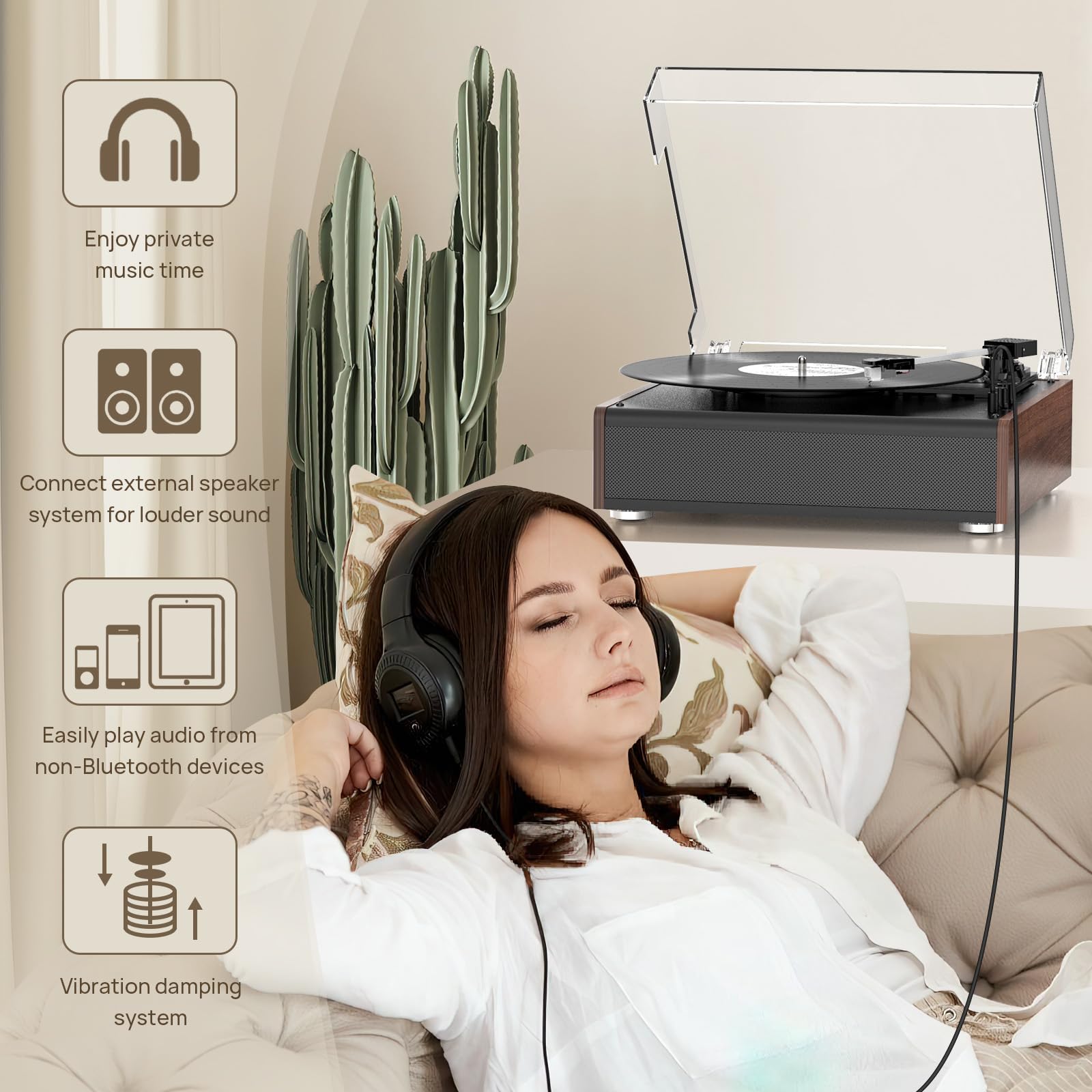 Vinyl Record Player Bluetooth Wireless Turntable with Built-in Speakers and 3 Speed Belt-Driven Vintage Phonograph Record Player with Magnetic Cartridge, RCA Out, Aux in, Headphone Jack (Brown)
