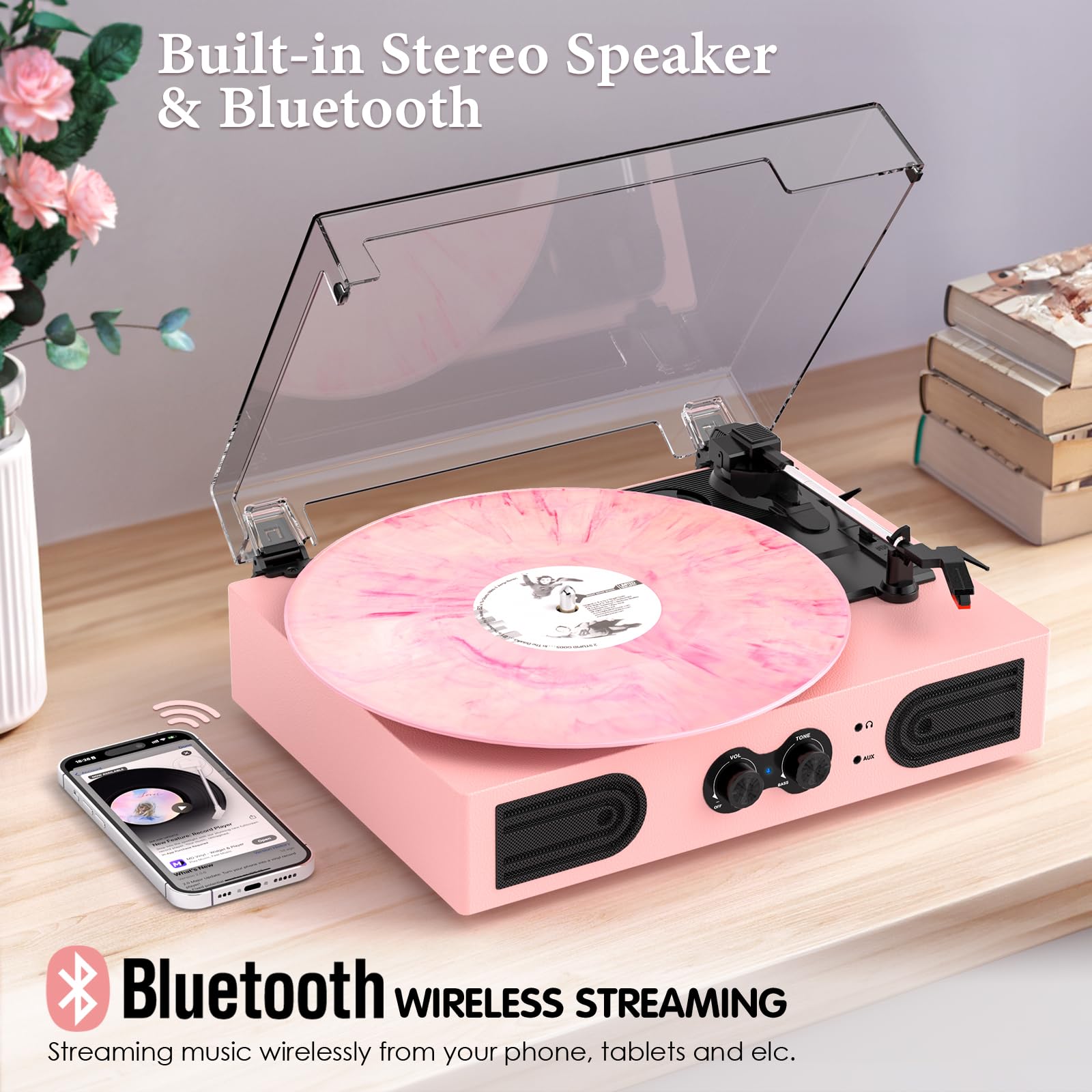Vinyl Record Player with Built-in Speakers 3-Speed Vintage Record Player Support Treble& Bass Control, 3.5mm Headphone Jack, RCA-Out/Aux in, Belt-Driven LP Turntable,White Rose Gold