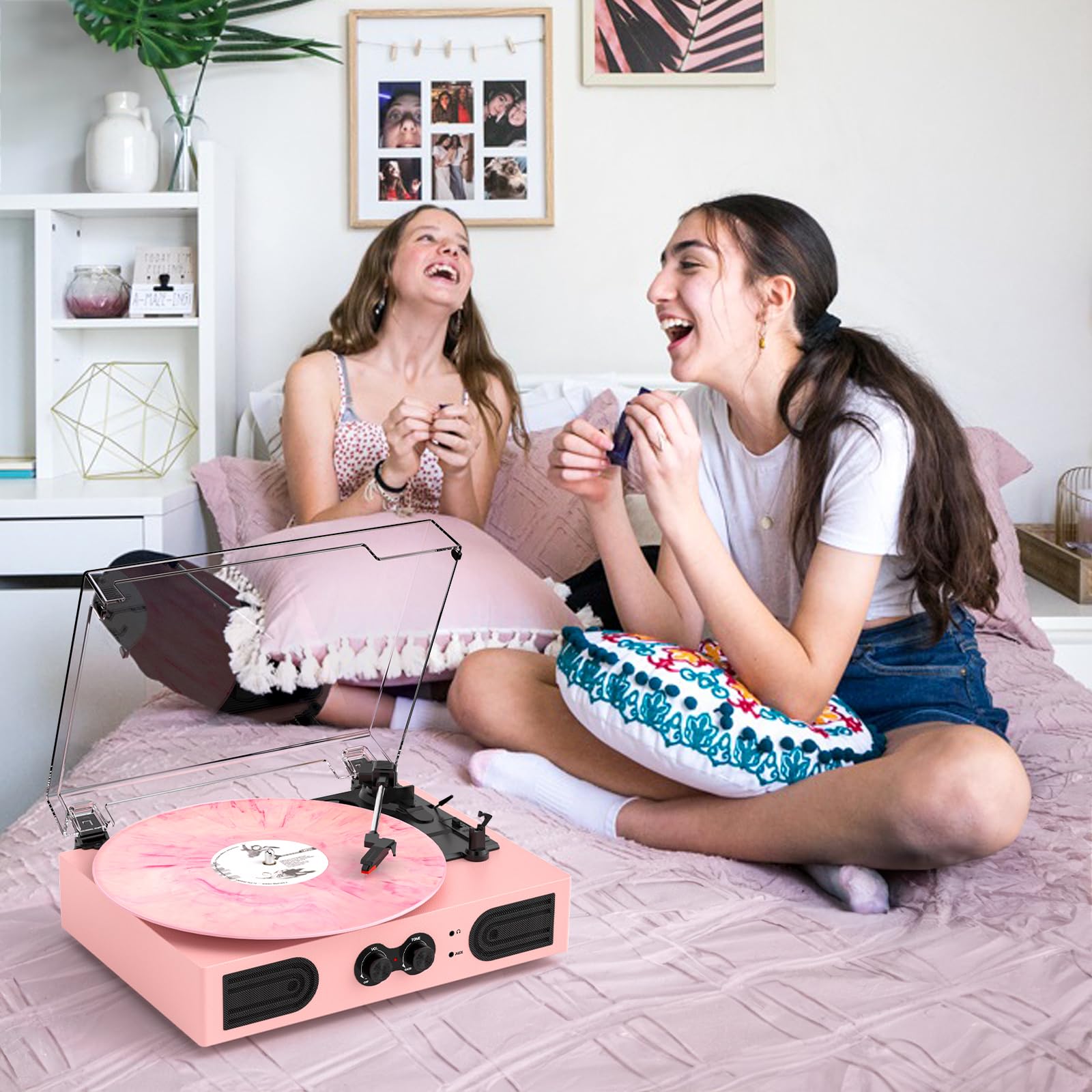 Vinyl Record Player with Built-in Speakers 3-Speed Vintage Record Player Support Treble& Bass Control, 3.5mm Headphone Jack, RCA-Out/Aux in, Belt-Driven LP Turntable,White Rose Gold
