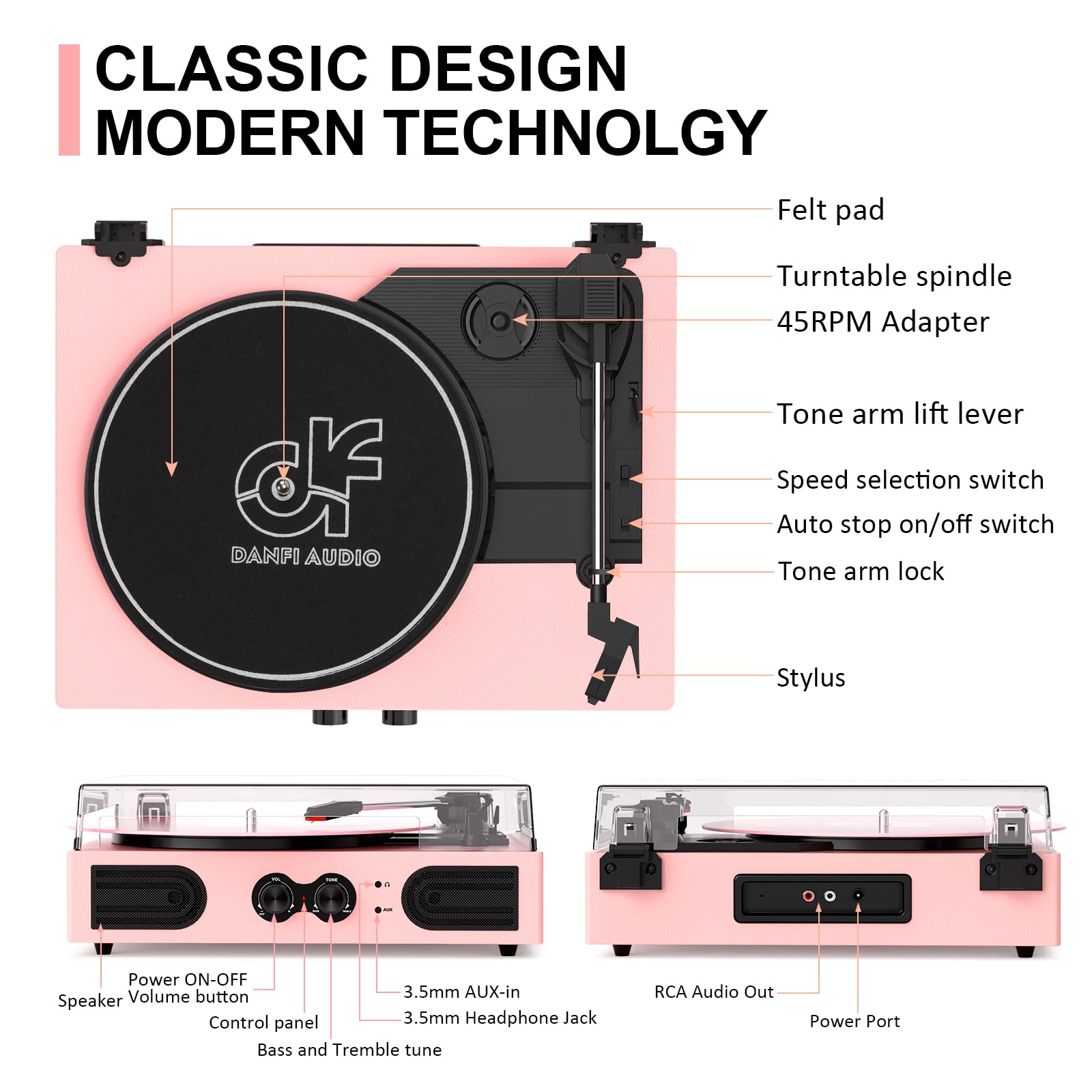 Vinyl Record Player with Built-in Speakers 3-Speed Vintage Record Player Support Treble& Bass Control, 3.5mm Headphone Jack, RCA-Out/Aux in, Belt-Driven LP Turntable,White Rose Gold