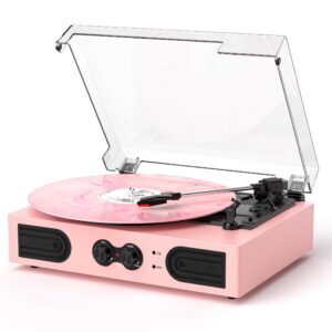 Vinyl Record Player with Built-in Speakers 3-Speed Vintage Record Player Support Treble& Bass Control, 3.5mm Headphone Jack, RCA-Out/Aux in, Belt-Driven LP Turntable,White Rose Gold