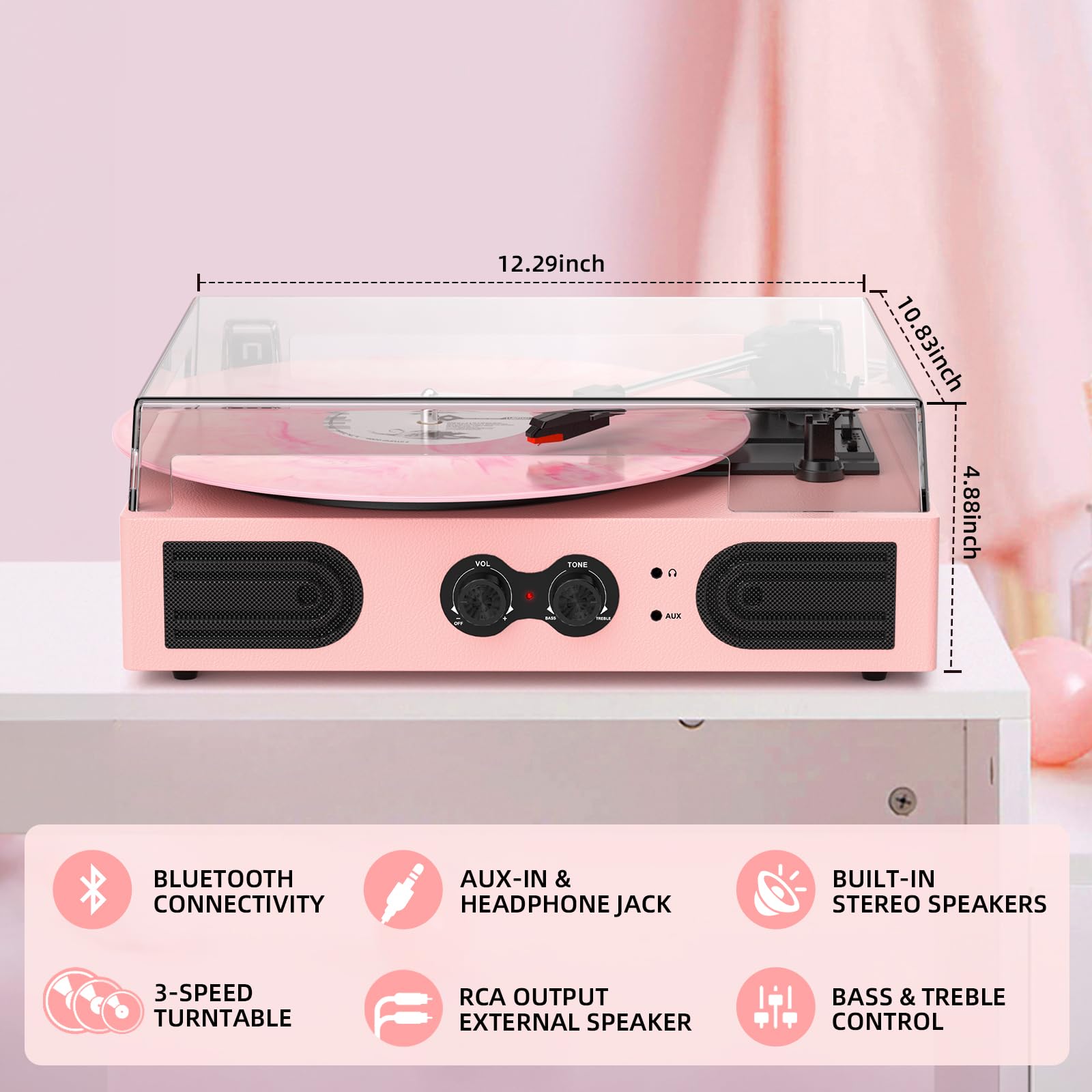 Vinyl Record Player with Built-in Speakers 3-Speed Vintage Record Player Support Treble& Bass Control, 3.5mm Headphone Jack, RCA-Out/Aux in, Belt-Driven LP Turntable,White Rose Gold