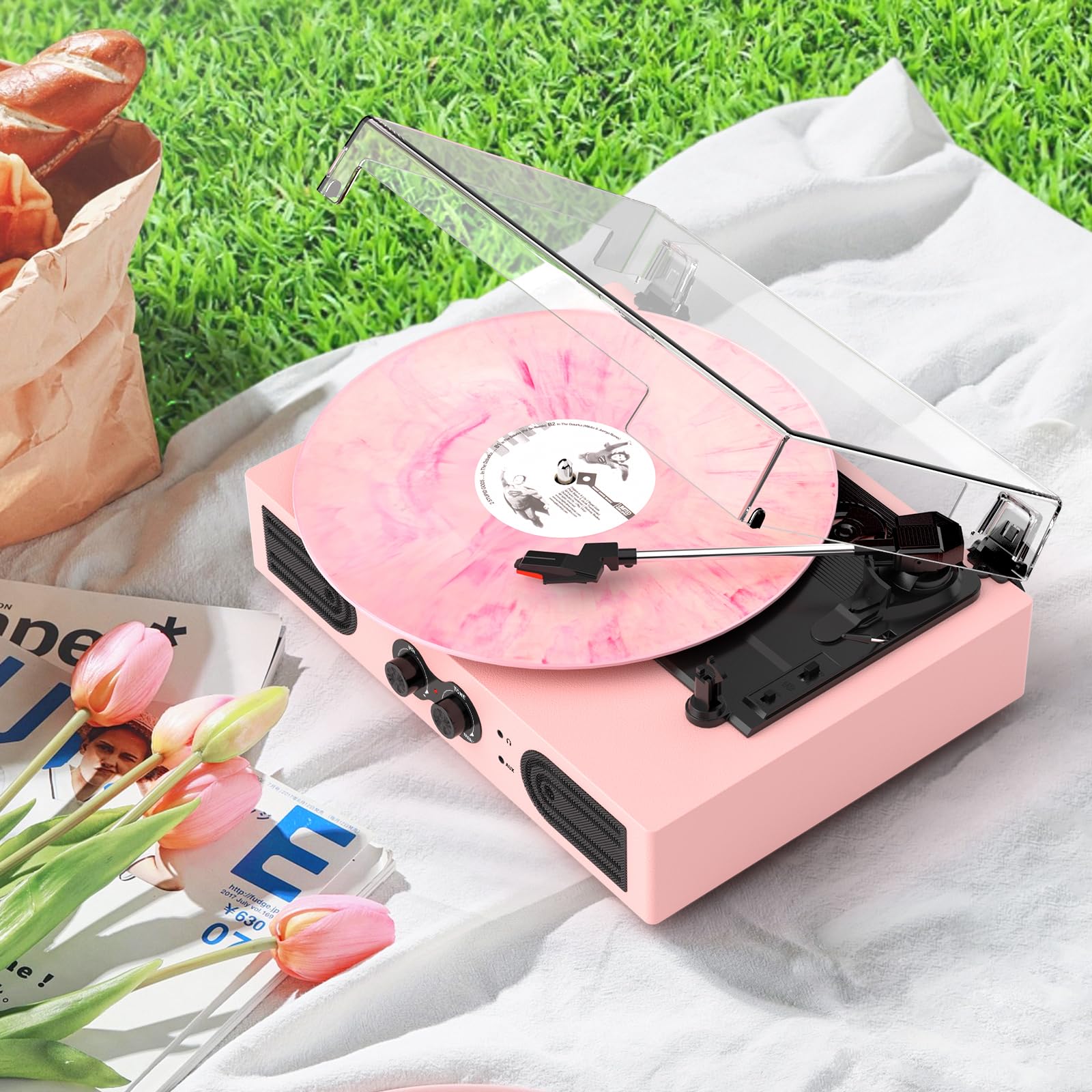 Vinyl Record Player with Built-in Speakers 3-Speed Vintage Record Player Support Treble& Bass Control, 3.5mm Headphone Jack, RCA-Out/Aux in, Belt-Driven LP Turntable,White Rose Gold