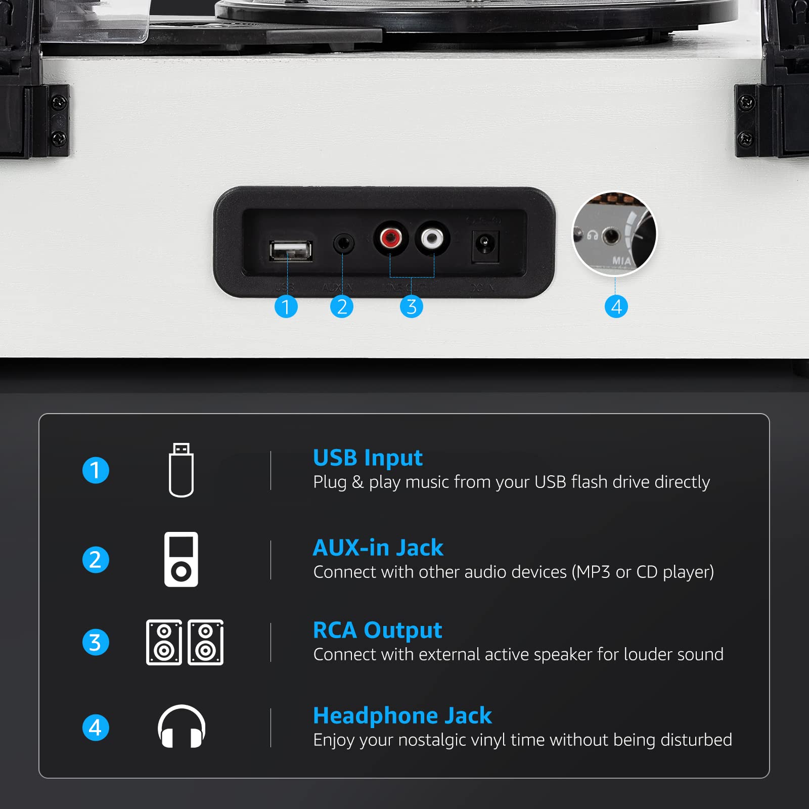 Vinyl Record Player with Upgraded Speakers Bluetooth Turntable Support USB AUX-in Headphone RCA Line-Out Auto-Stop 3 Speed Belt-Driven Vintage Portable Vinyl Player Mirror Design