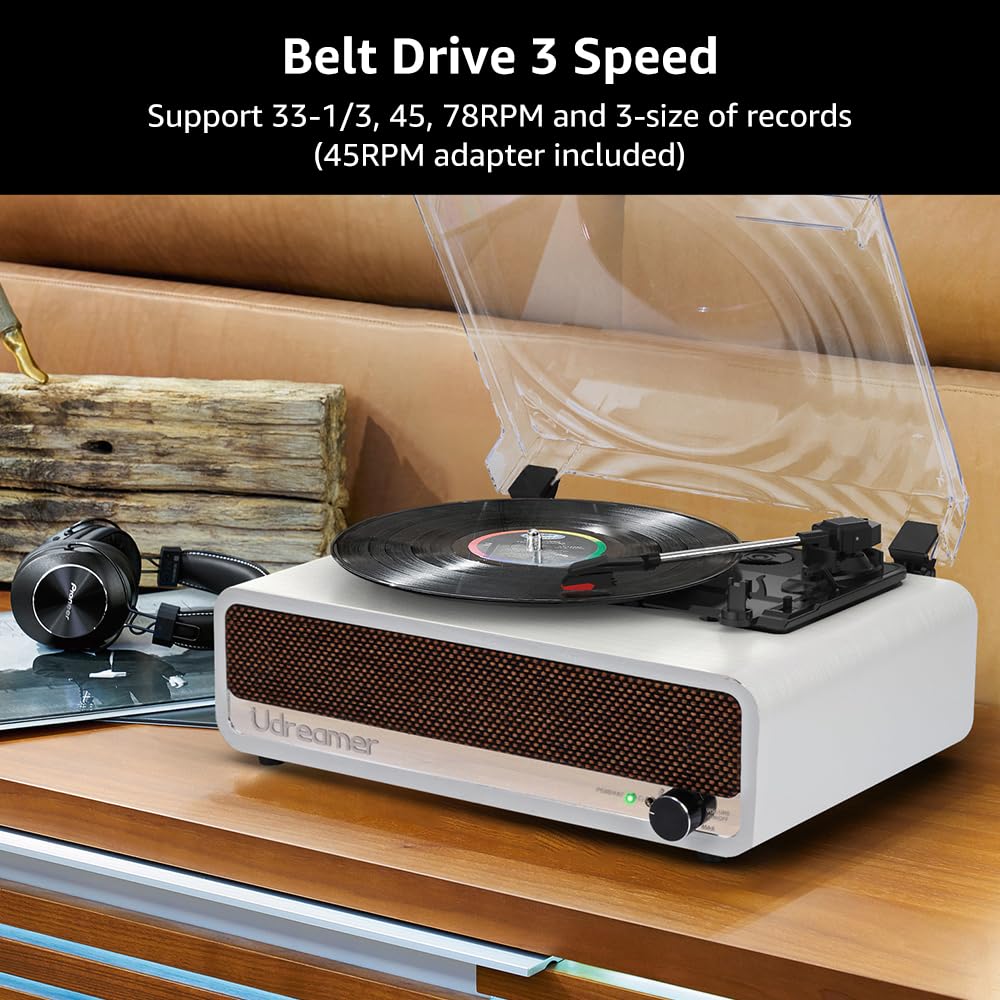 Vinyl Record Player with Upgraded Speakers Bluetooth Turntable Support USB AUX-in Headphone RCA Line-Out Auto-Stop 3 Speed Belt-Driven Vintage Portable Vinyl Player Mirror Design